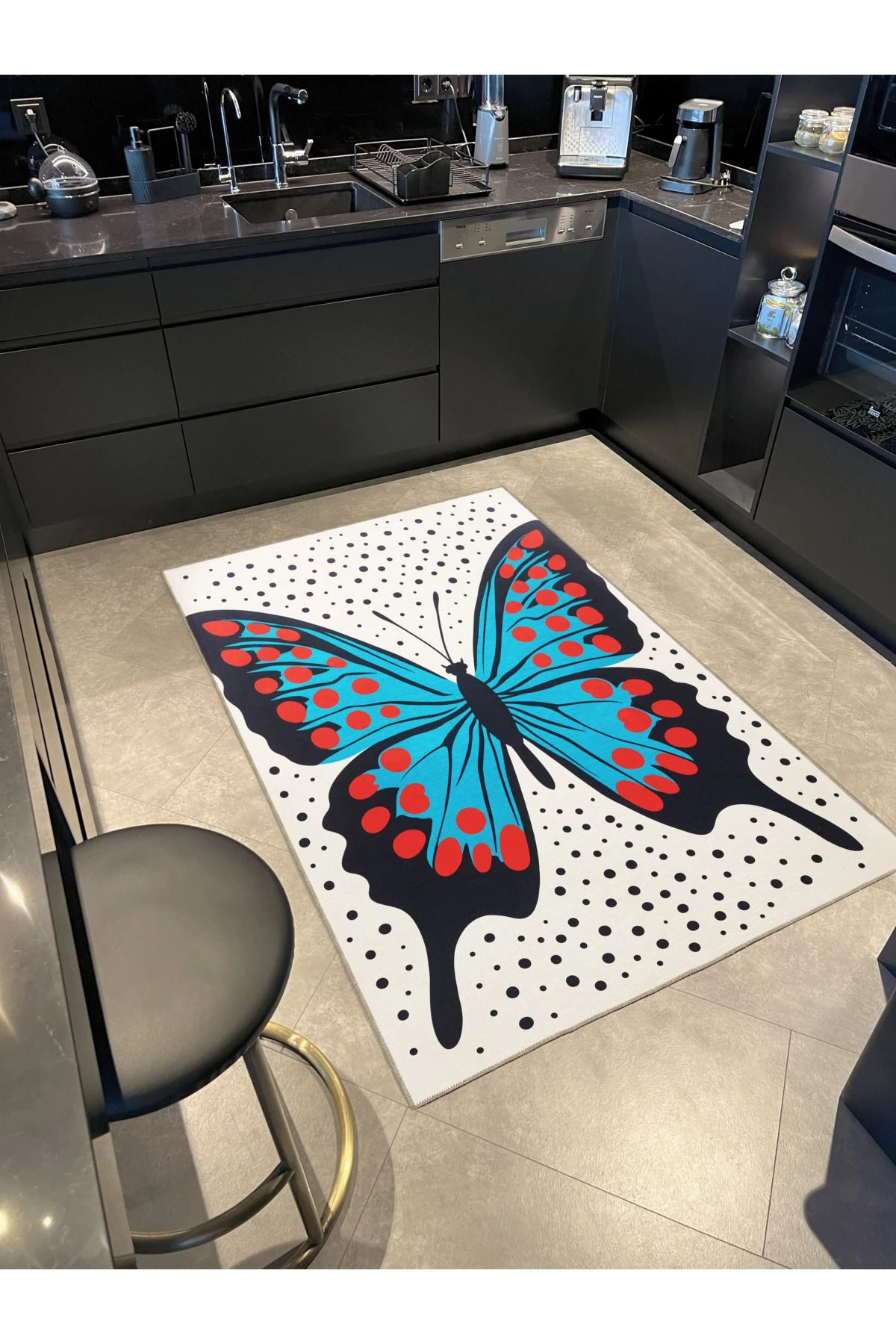 Dido 2 Koleksiyonu Mavi Bej Temalı Kelebek Desenli Kreatif Modern Dekoratif Halı 3240