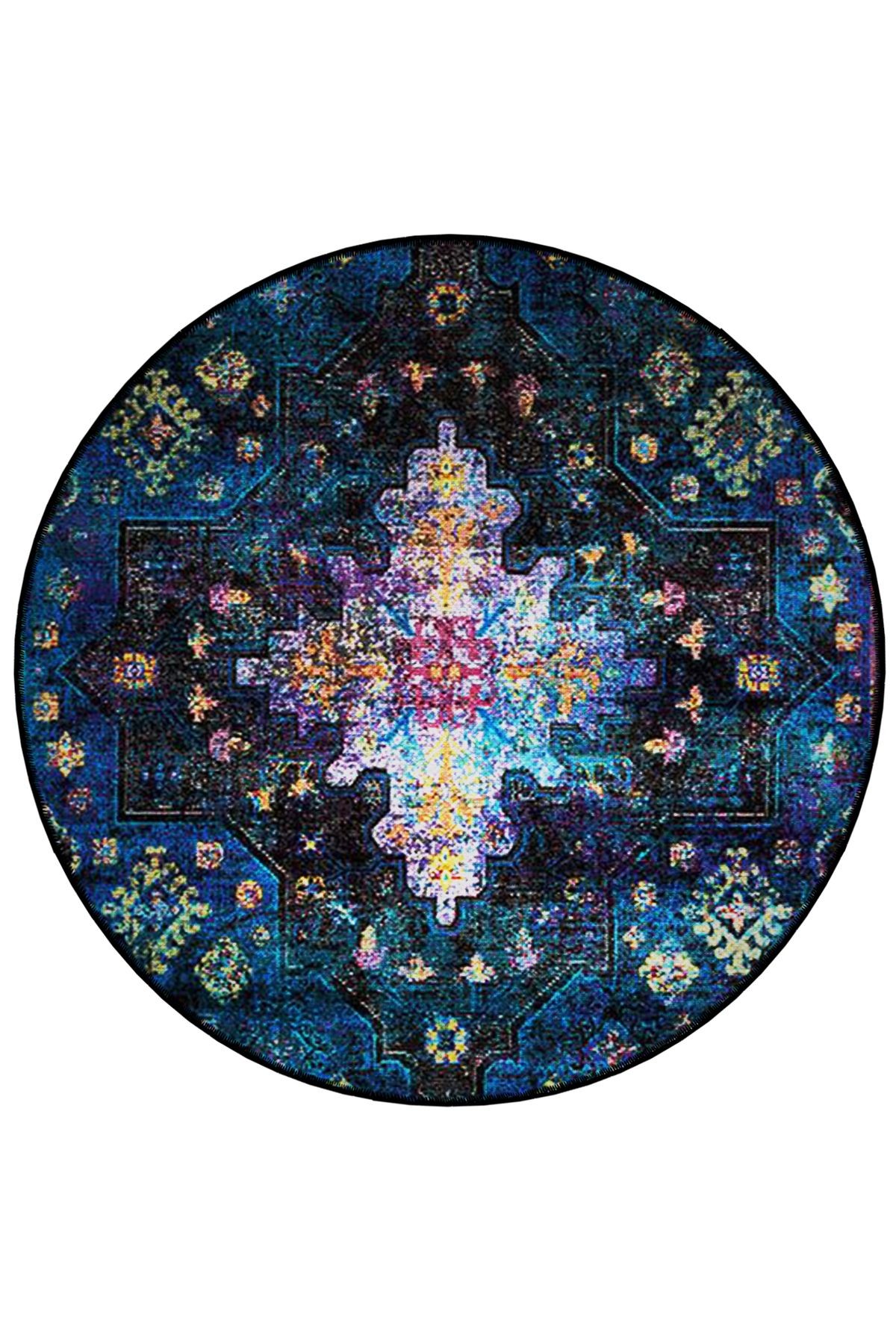 Lacivert Tonlar Geleneksel Motif Desenli Yuvarlak Dokuma Taban Vintage Dekoratif Halı 6201