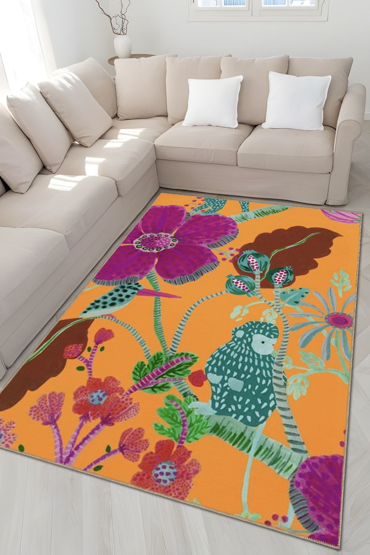 Turuncu Temalı Karma Çiçekler Desenli Kreatif Modern Dekoratif Halı 5066