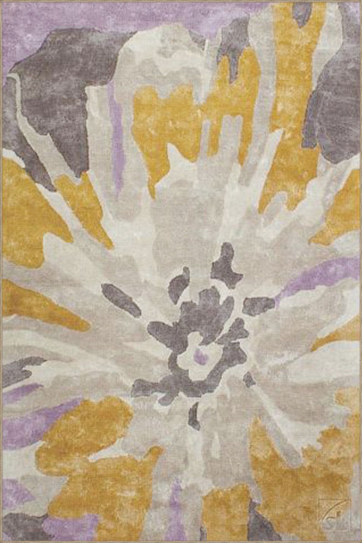 Sarı Krem Pastel Boyalı Geometrik Desenli Dokuma Taban miravip812