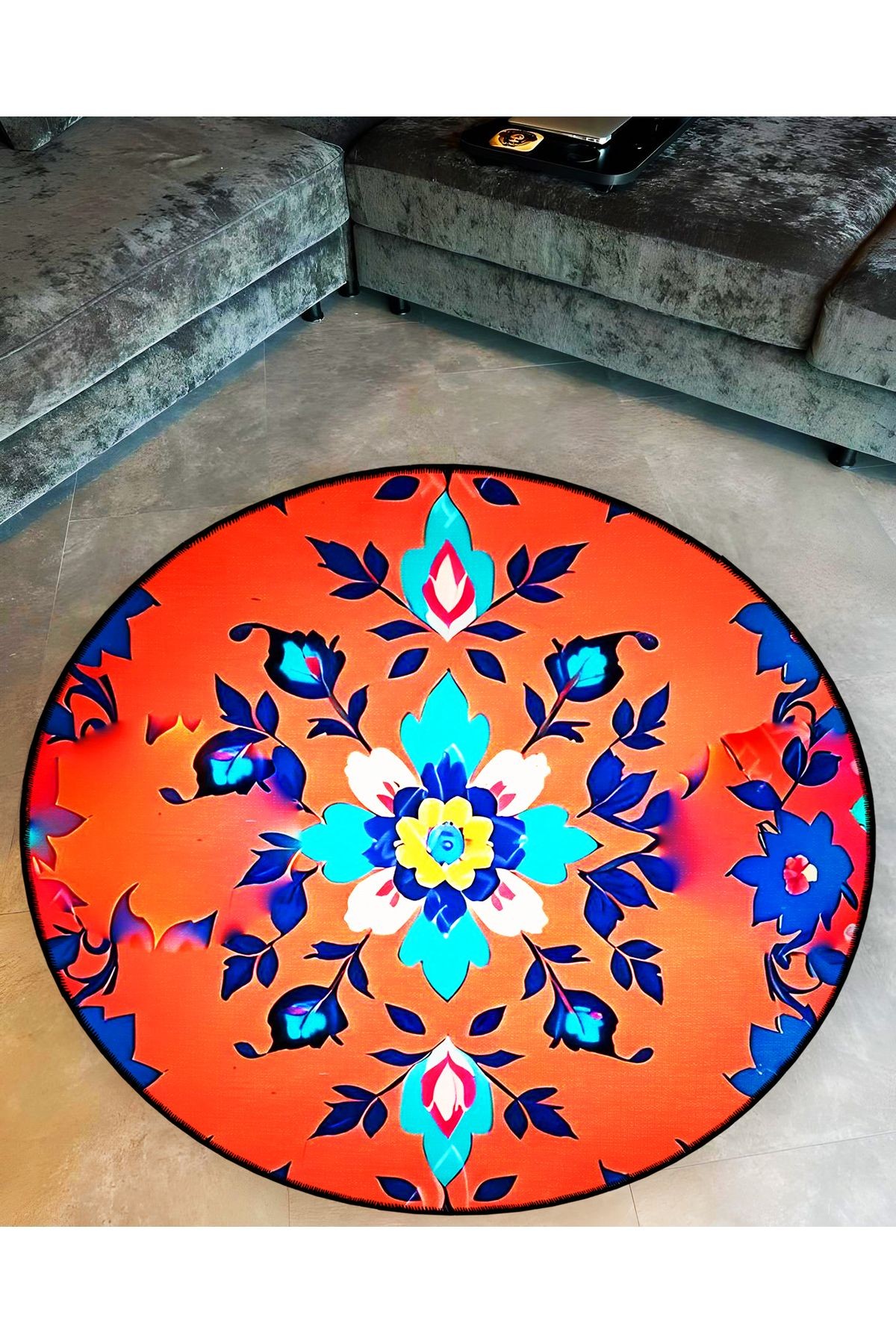 Mira Yuvarlak Turuncu Mavi Çiçek Yaprak Desenli Dokuma Taban Modern Dekoratif Halı 5711