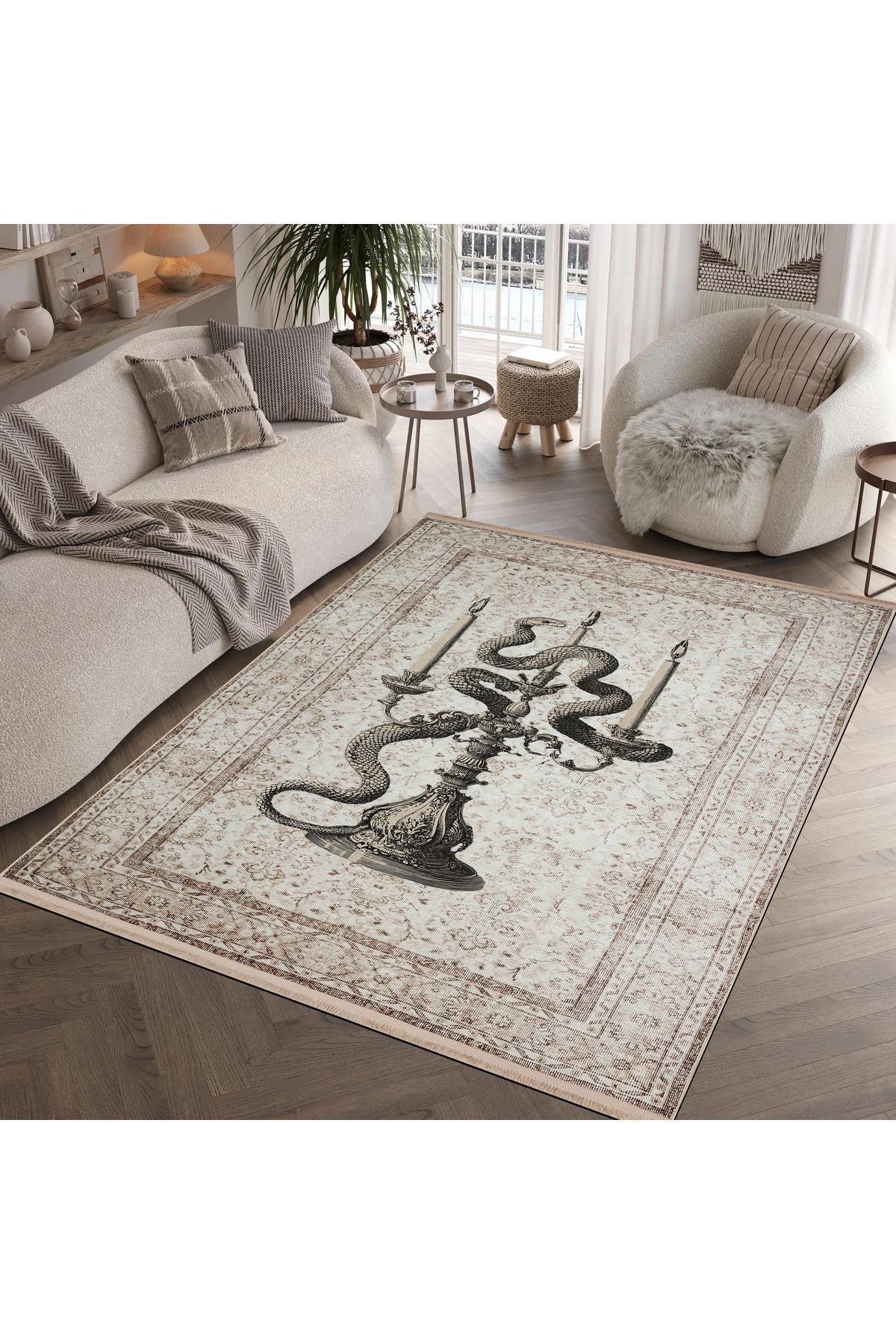 Nora Art 14 Şamdan Yılan Figürlü Krem Vintage Klasik Halı Dokuma Taban Dekoratif Salon Halısı