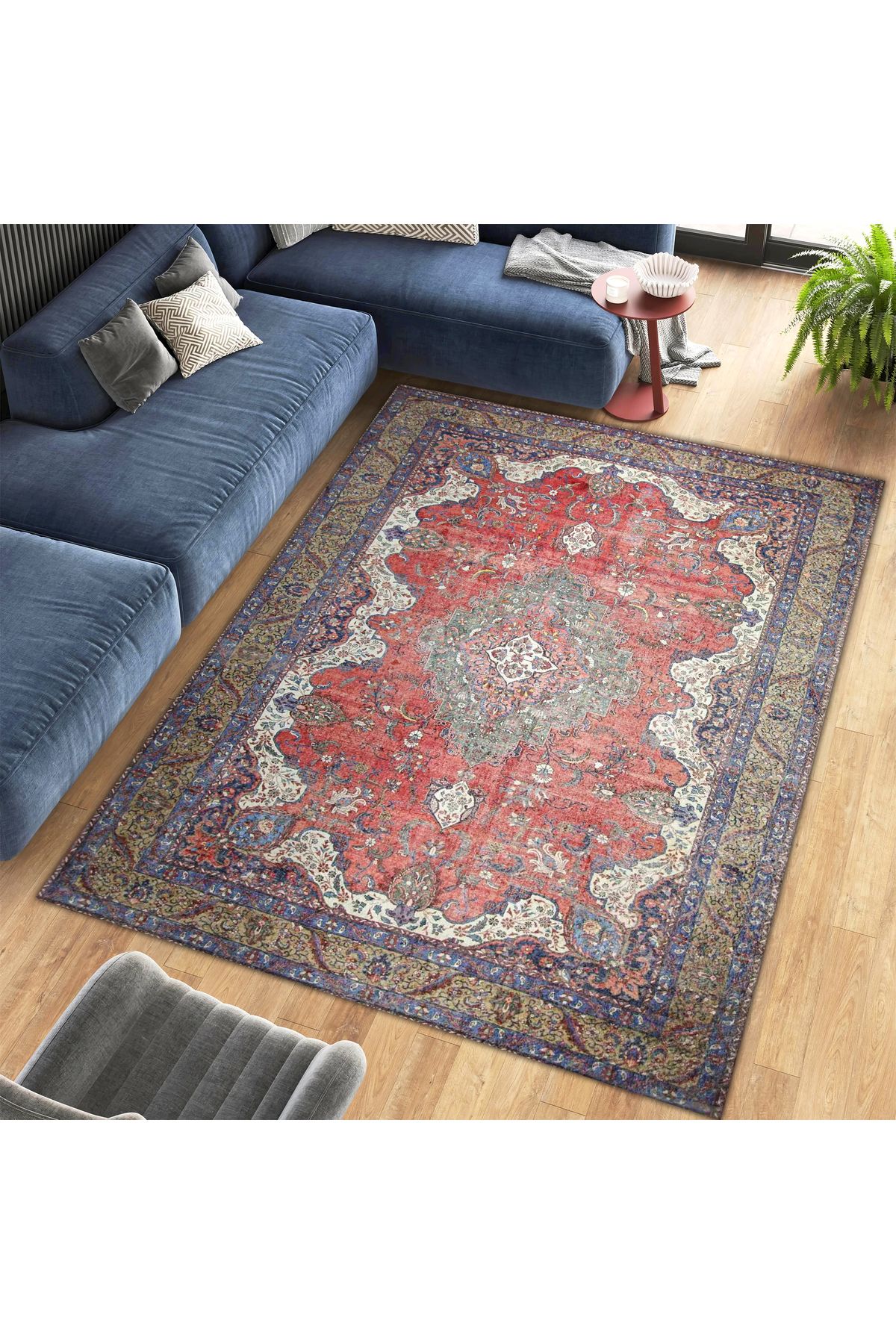 Mete Koleksiyonu Kırmızı Temalı Geleneksel Motifli ve Etnik Desenli Vintage Dekoratif Halı 04