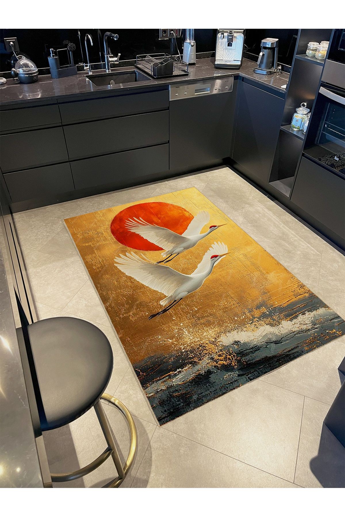 Tuğrul Koleksiyonu Soyut Deniz Üstünde Uçan Leylekler Desenli Dokuma Taban Modern Dekoratif Halı 45