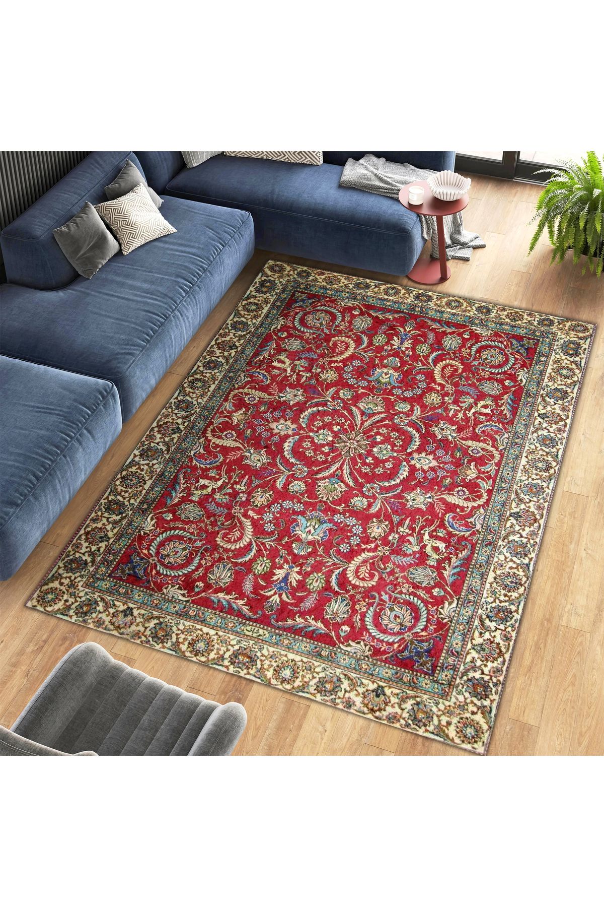 Mete Koleksiyonu Kırmızı Tema Floral ve Geleneksel Desenli Vintage Dekoratif Halı 02