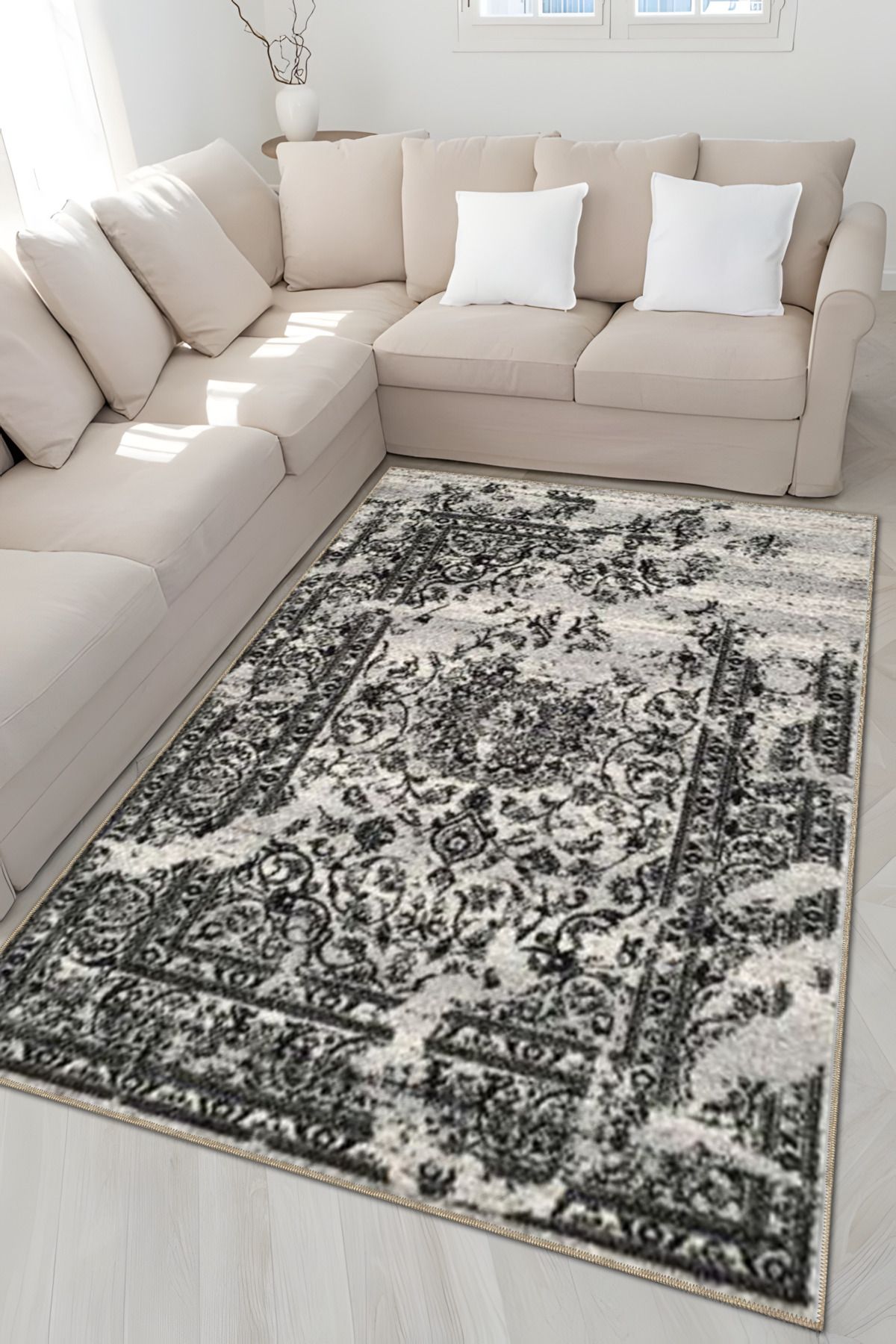 Gri Temalı Soyut Geleneksel Motif Desenli Vintage Dekoratif Halı 4931