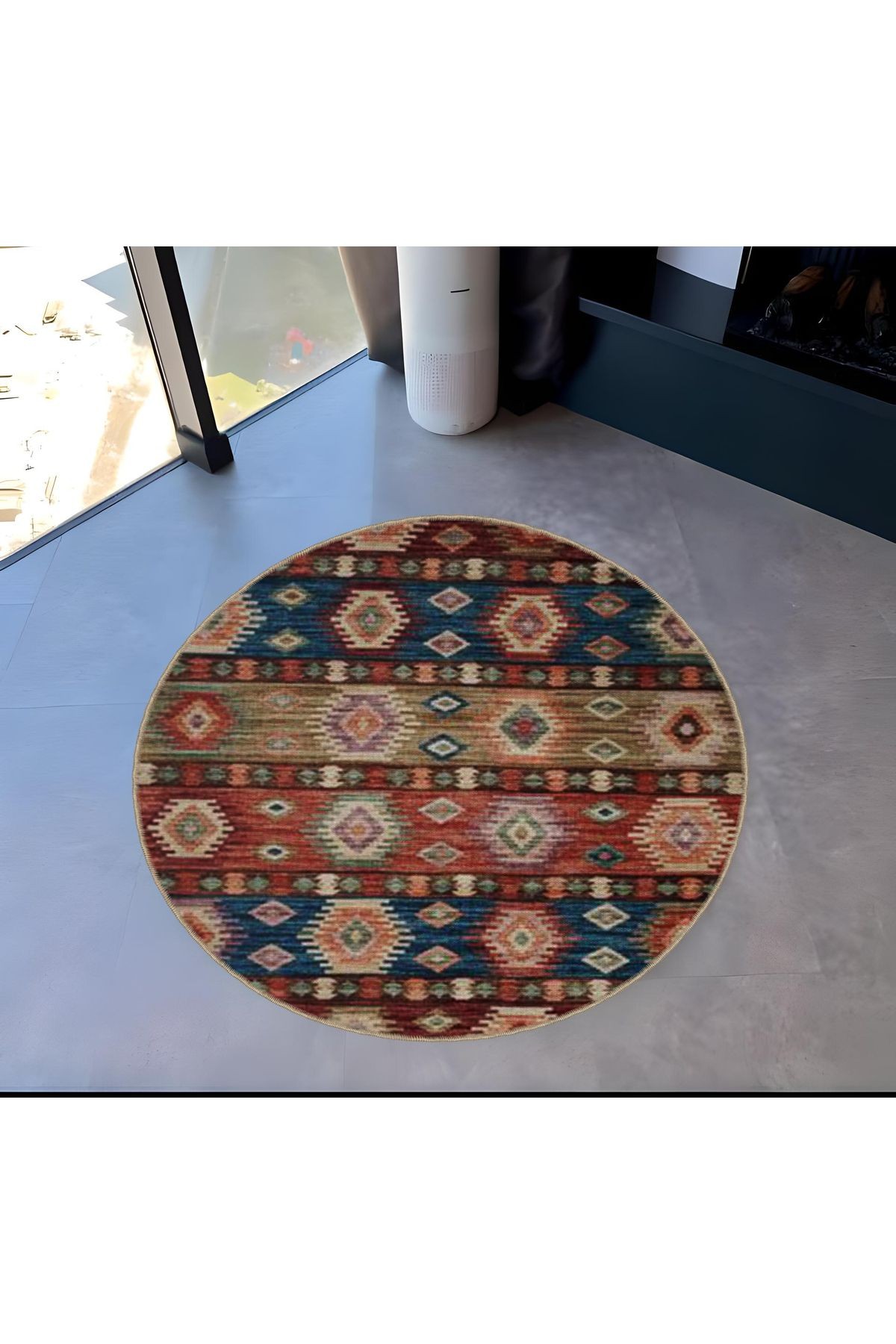 Çok Renkli Etnik Motifli Geleneksel Desenli Yuvarlak Dokuma Taban Vintage Dekoratif Halı 6059