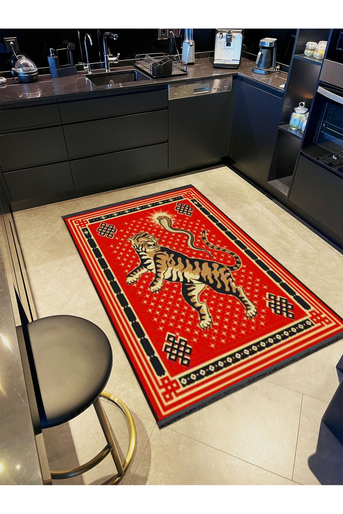 İnci Koleksiyonu Kırmızı TEma Etnik Kaplan Desenli Dokuma Taban Vintage Dekoratif Halı inci30