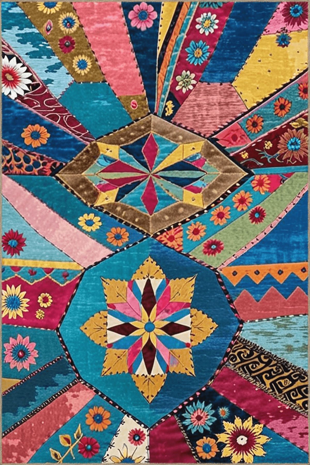 Paris Koleksiyonu Çok Renkli Geometrik Motifler ve Çiçek Desenli Vintage Dekoratif Halı 44