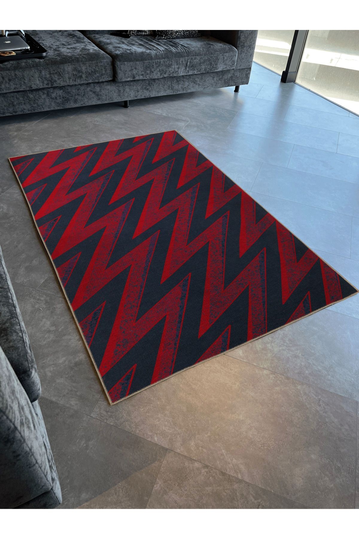 Kırmızı Lacivert Temalı Zik Zak Geometrik Desenli Kreatif Modern Dekoratif Halı 3019