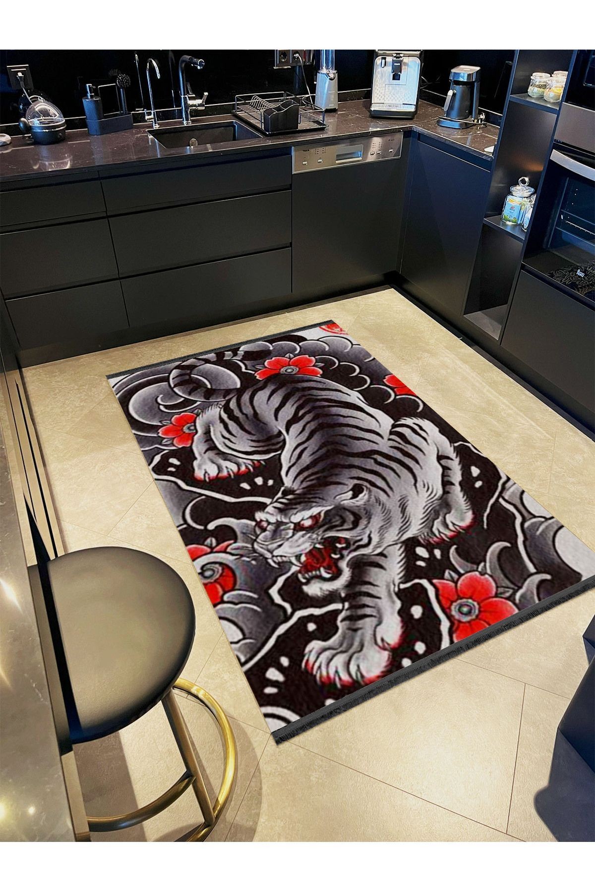 İnci Koleksiyonu Gri Temalı Kaplan Desenli Dokuma Taban Modern Dekoratif Halı inci08