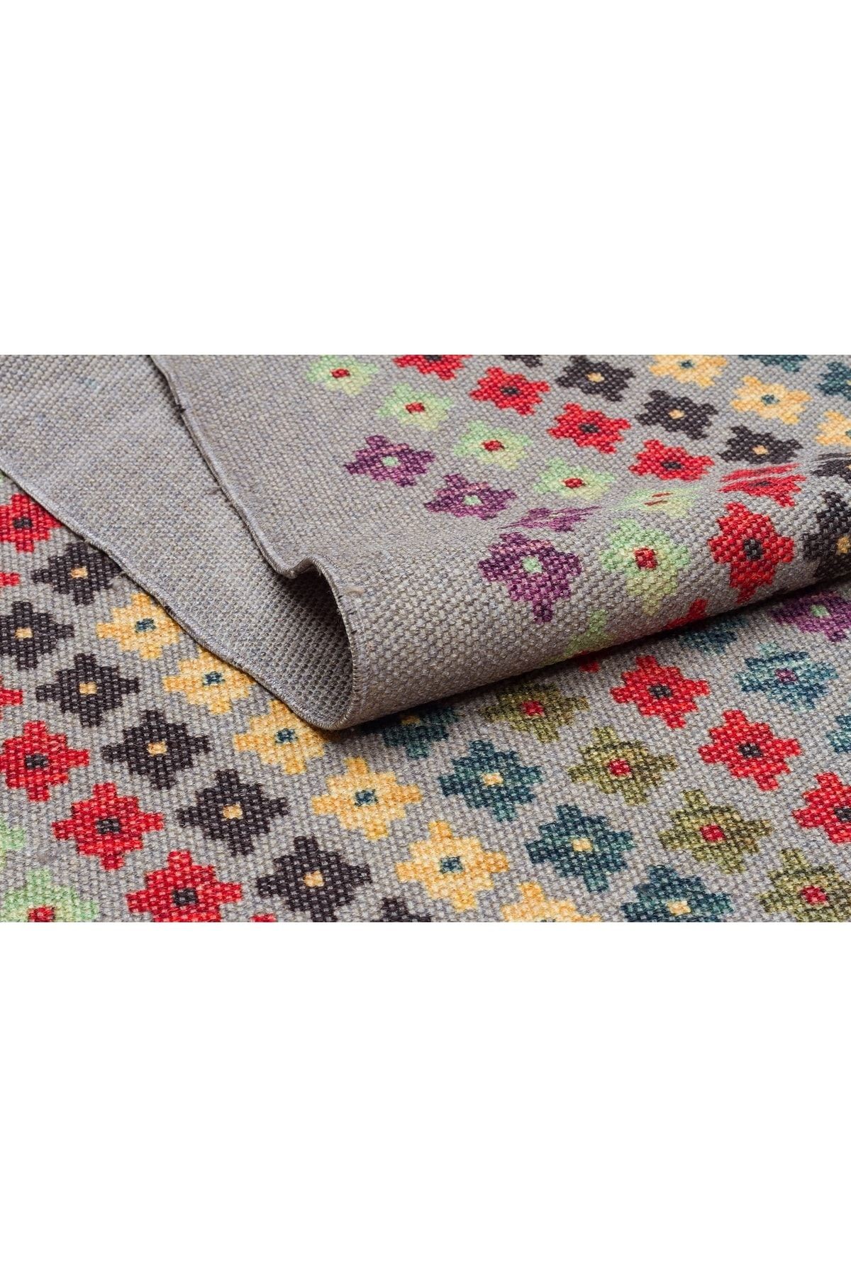 Cotton 518 Gri Renkli Desenli Saçaklı Kilim