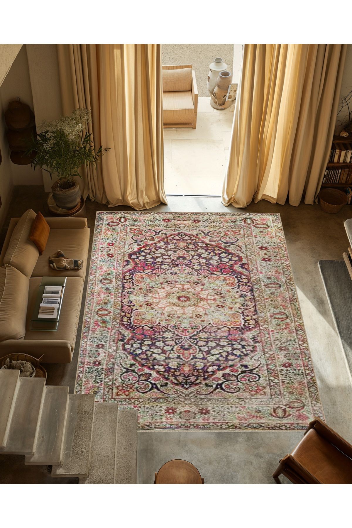 Çok Renkli Geleneksel Motif Etnik Çiçek Desenli Vintage Dekoratif Halı 3314