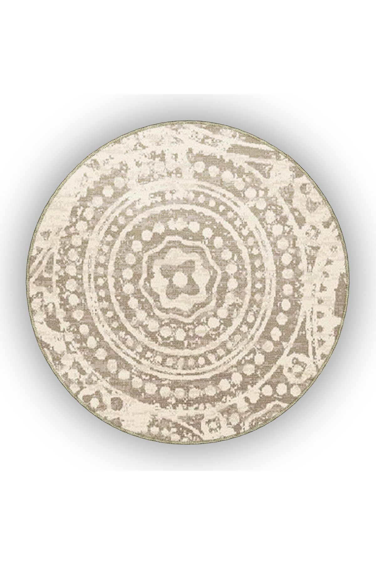 Bej Temalı Daire Şekil Etnik Motif Desenli Vintage Dekoratif Halı 4912