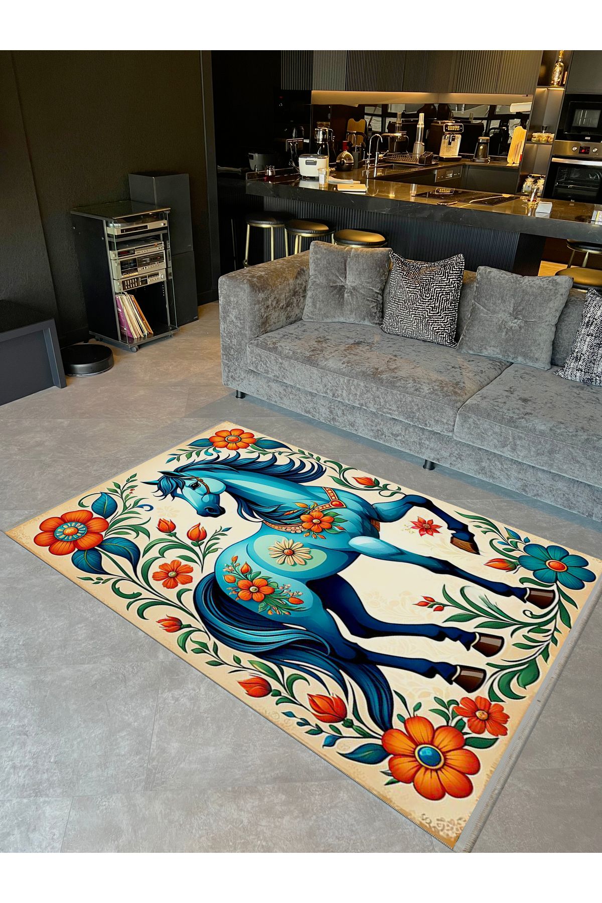 Özge Koleksiyonu Turuncu Çiçek Detaylı Mavi At Desenli Dokuma Taban Modern Dekoratif Halı özge10