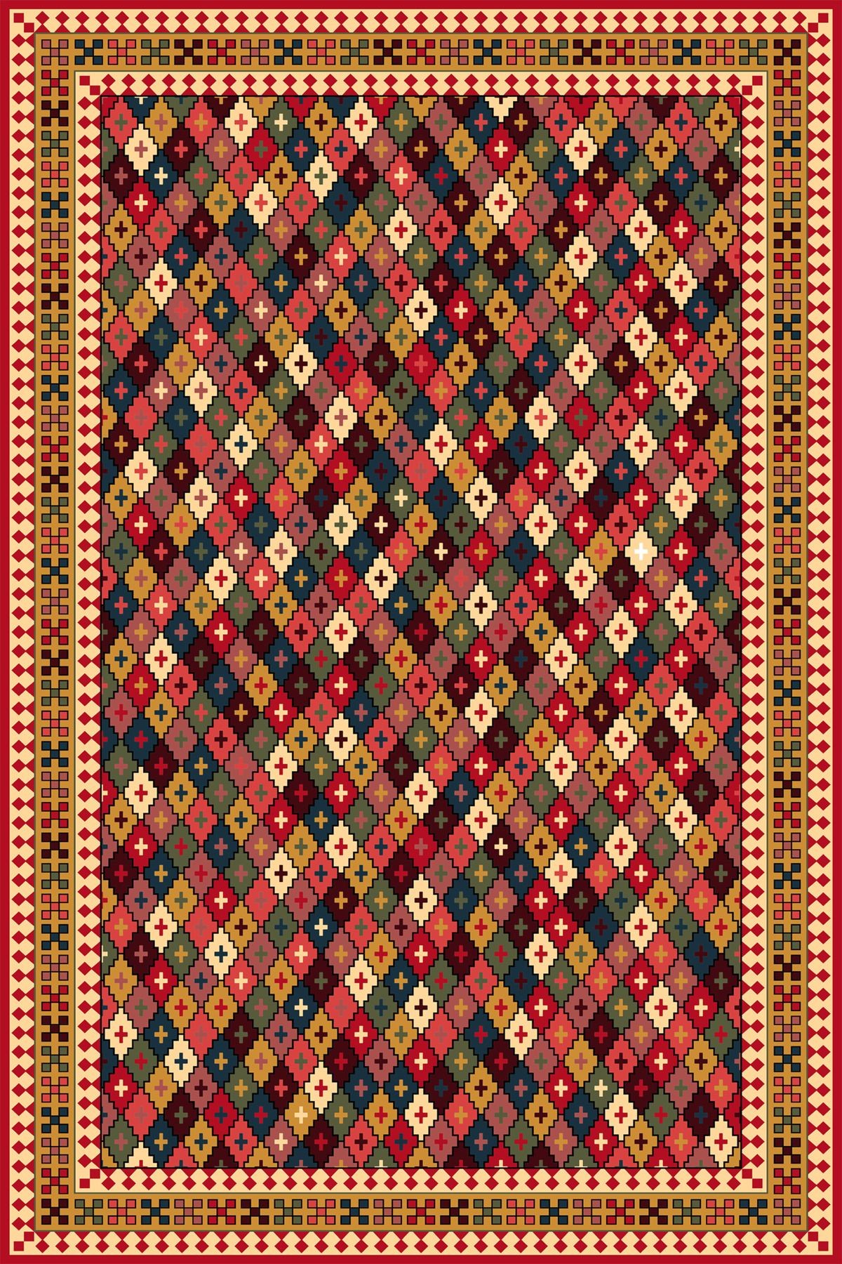 Mira Çok Renkli Çapraz Geometrik Desenli Vintage Dekoratif Halı Mira 1571