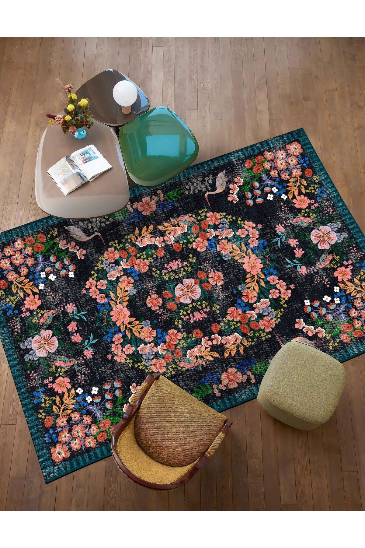 Floral Çok Renkli Çiçek Desenli Renkli Dokuma Taban Halı 1309