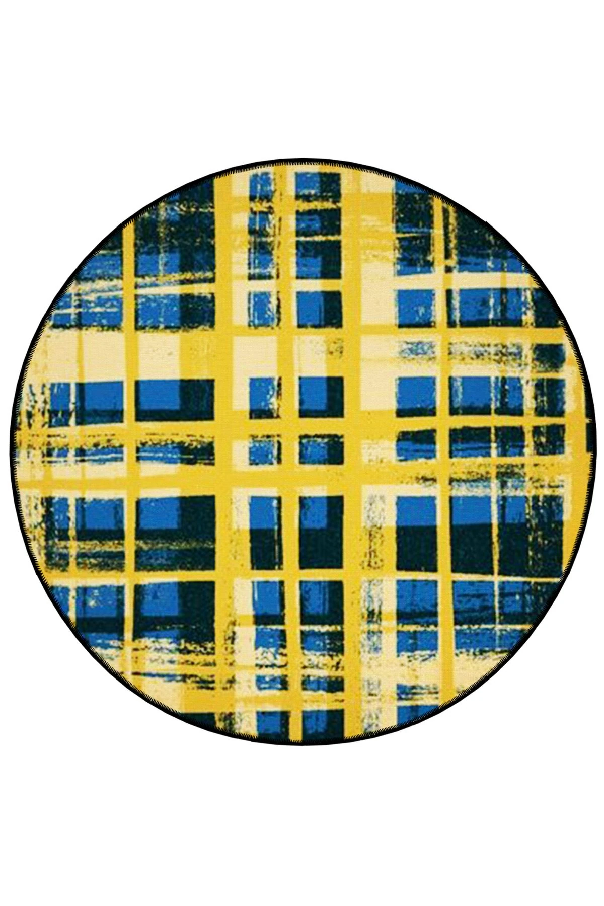 Mira Yuvarlak Sarı Lacivert Ekose Detaylı Dokuma Taban Modern Dekoratif Halı mirayuvarlak5540