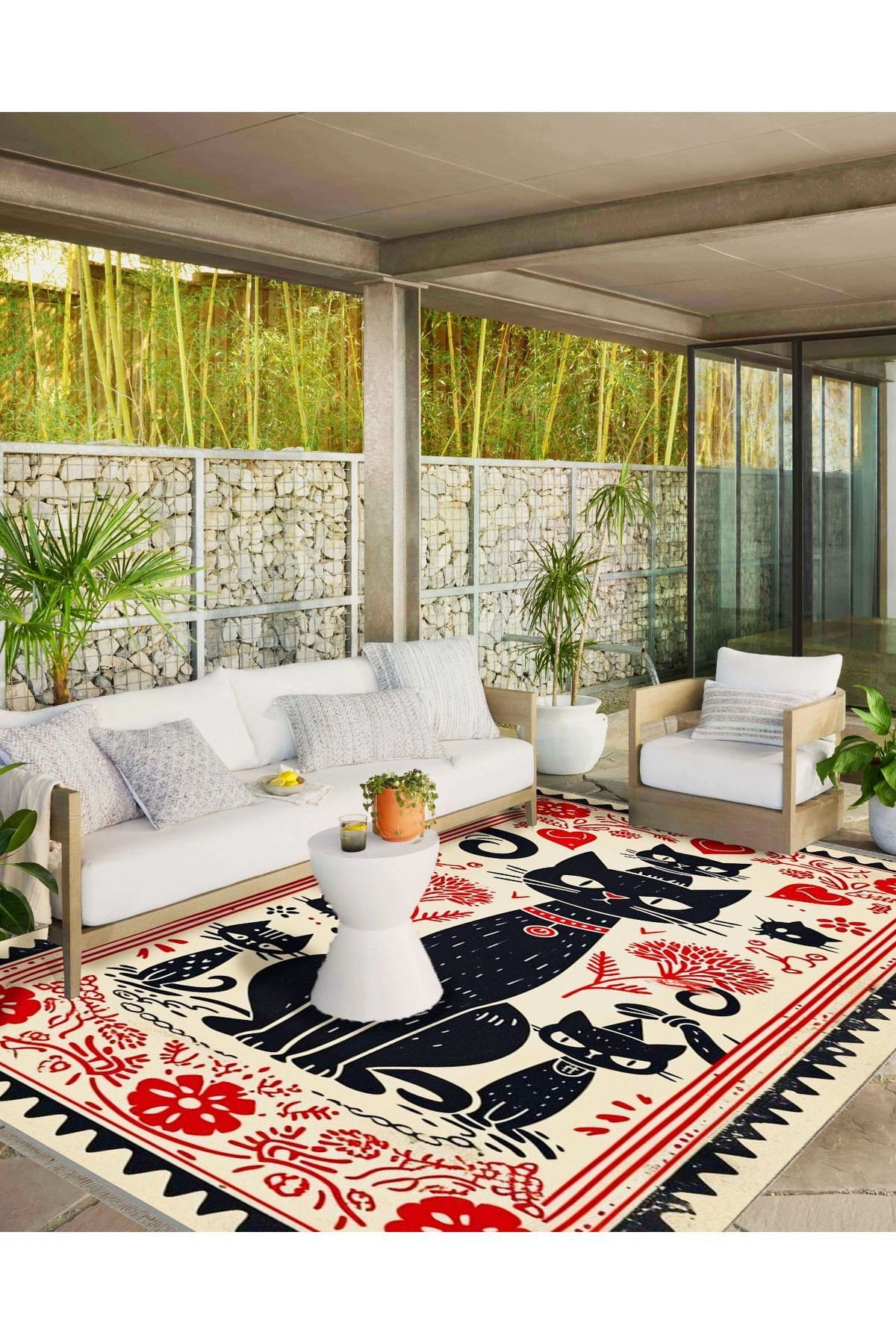 İnci Koleksiyonu Siyah Kedi Desenli Dokuma Taban Modern Dekoratif Halı inci06