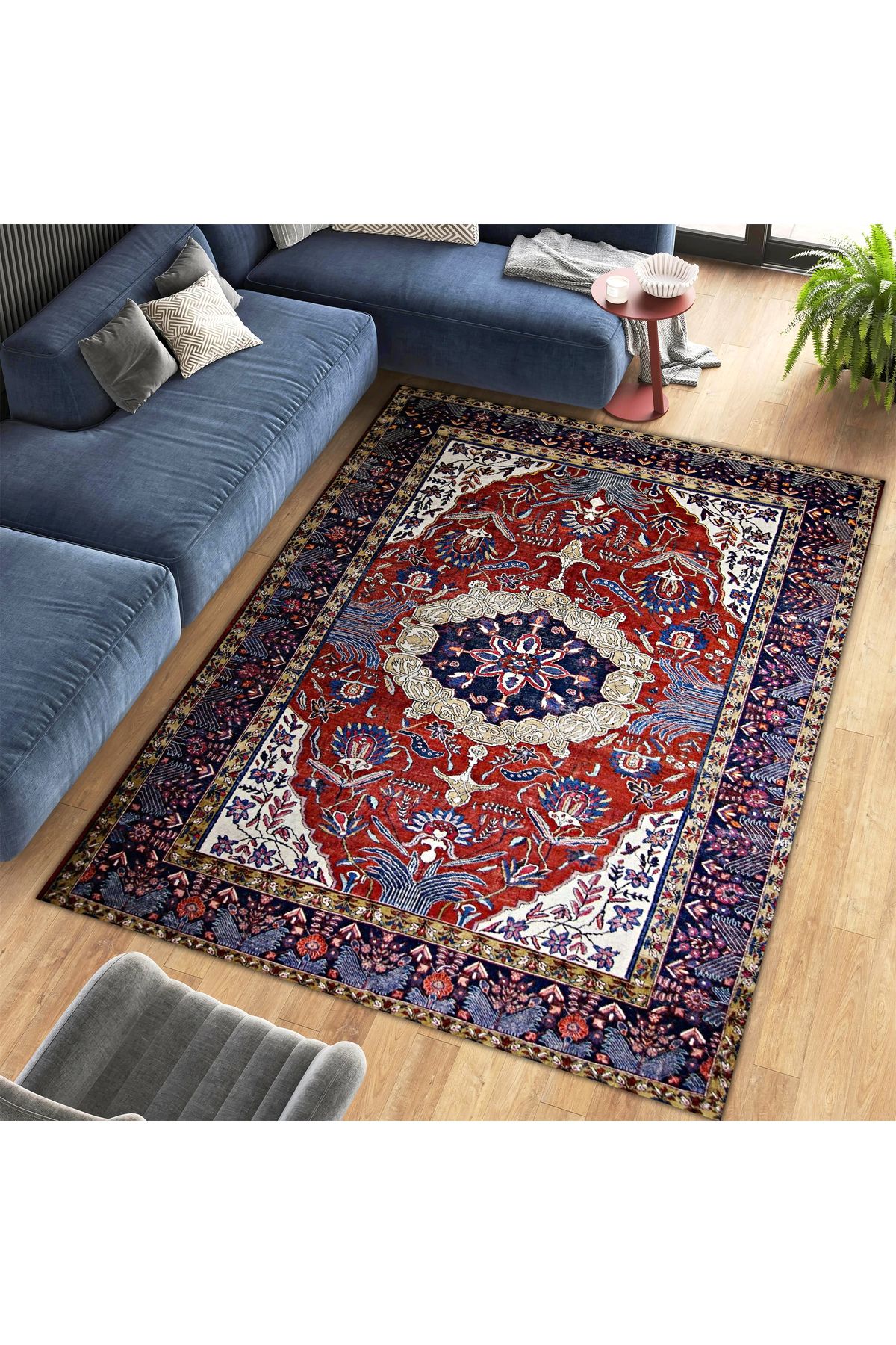 Mete Koleksiyonu Bordo Tema Geleneksel Motifli ve Çiçek Desenli Vintage Dekoratif Halı 10