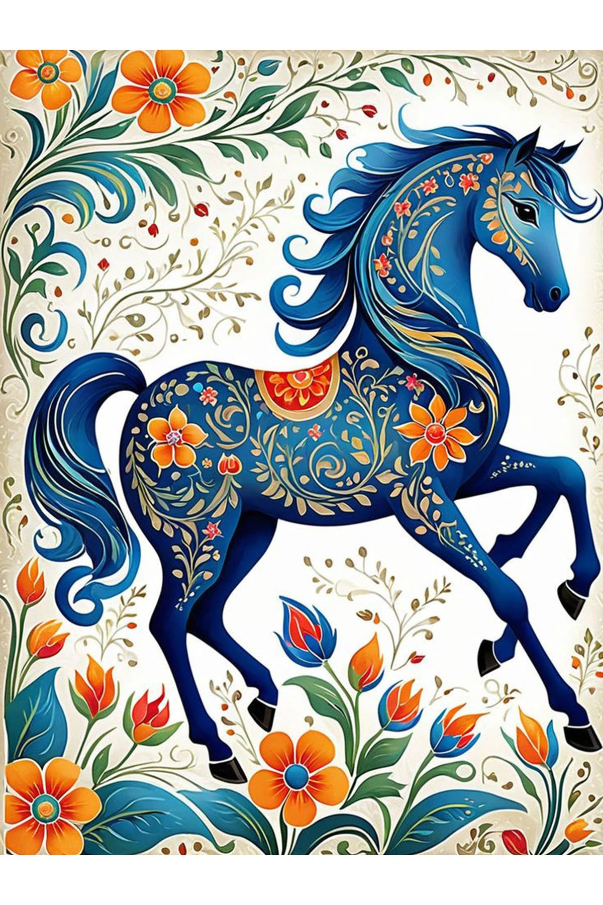 Özge Koleksiyonu Sarmaşık ve Çiçek Detaylı Mavi At Desenli Dokuma Taban Modern Dekoratif Halı özge11