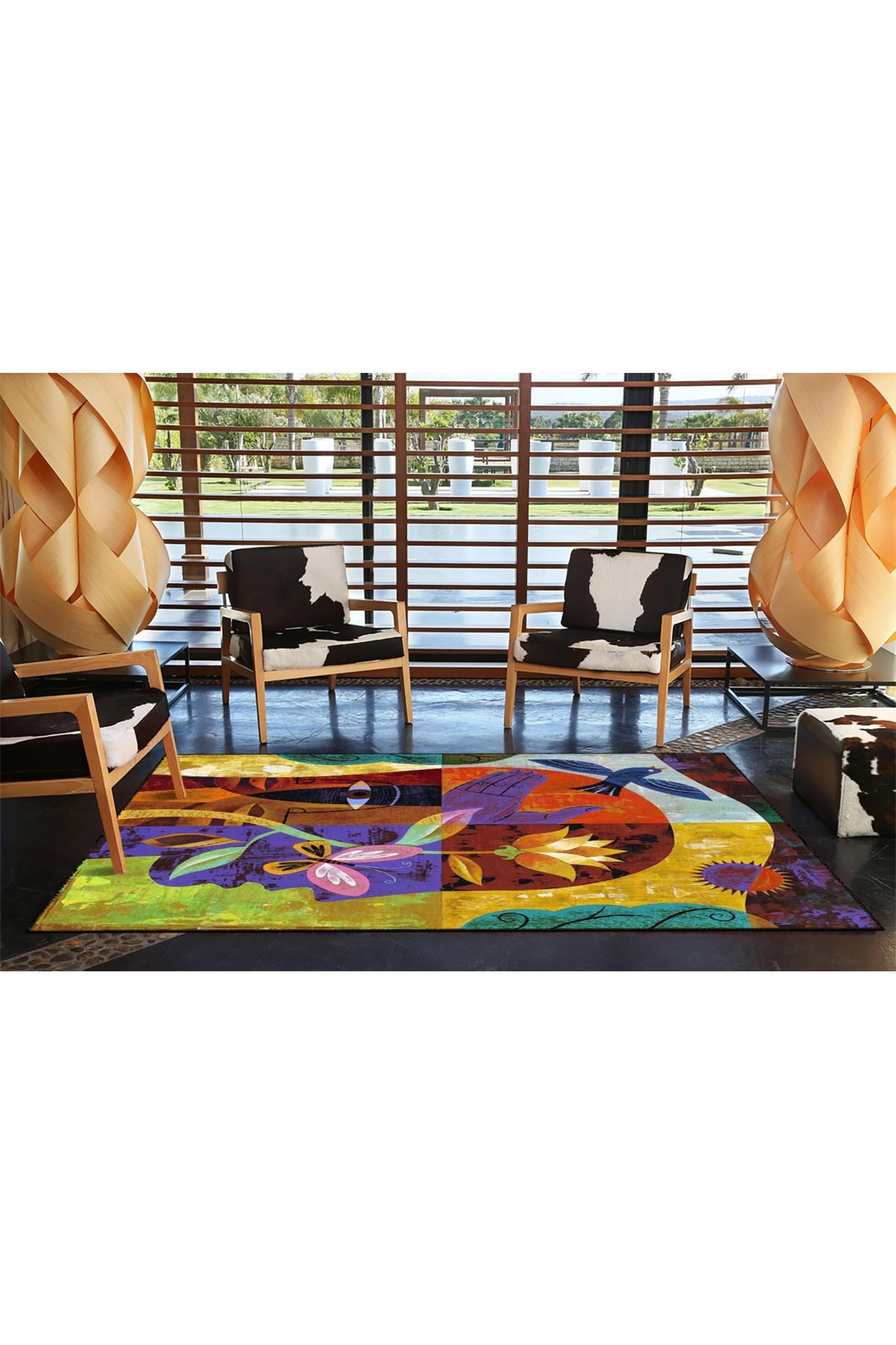 İnsan Kafası Floral Çiçekli Desenli Dekoratif Yıkanabilir Halı miravip8690