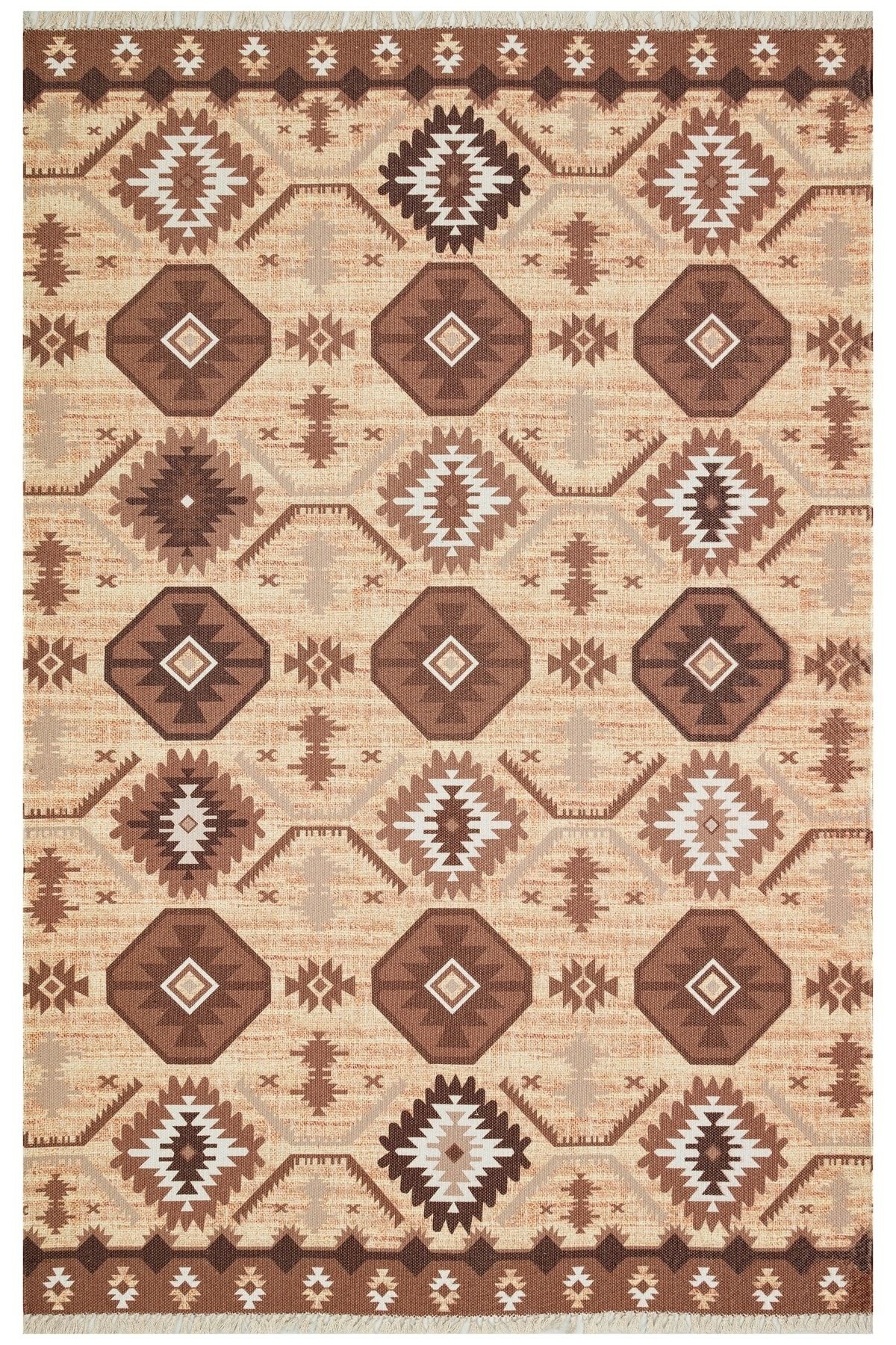 Moroccan 519 Etnik Desenli Boho Stil Jüt Görünüm Saçaklı Kilim