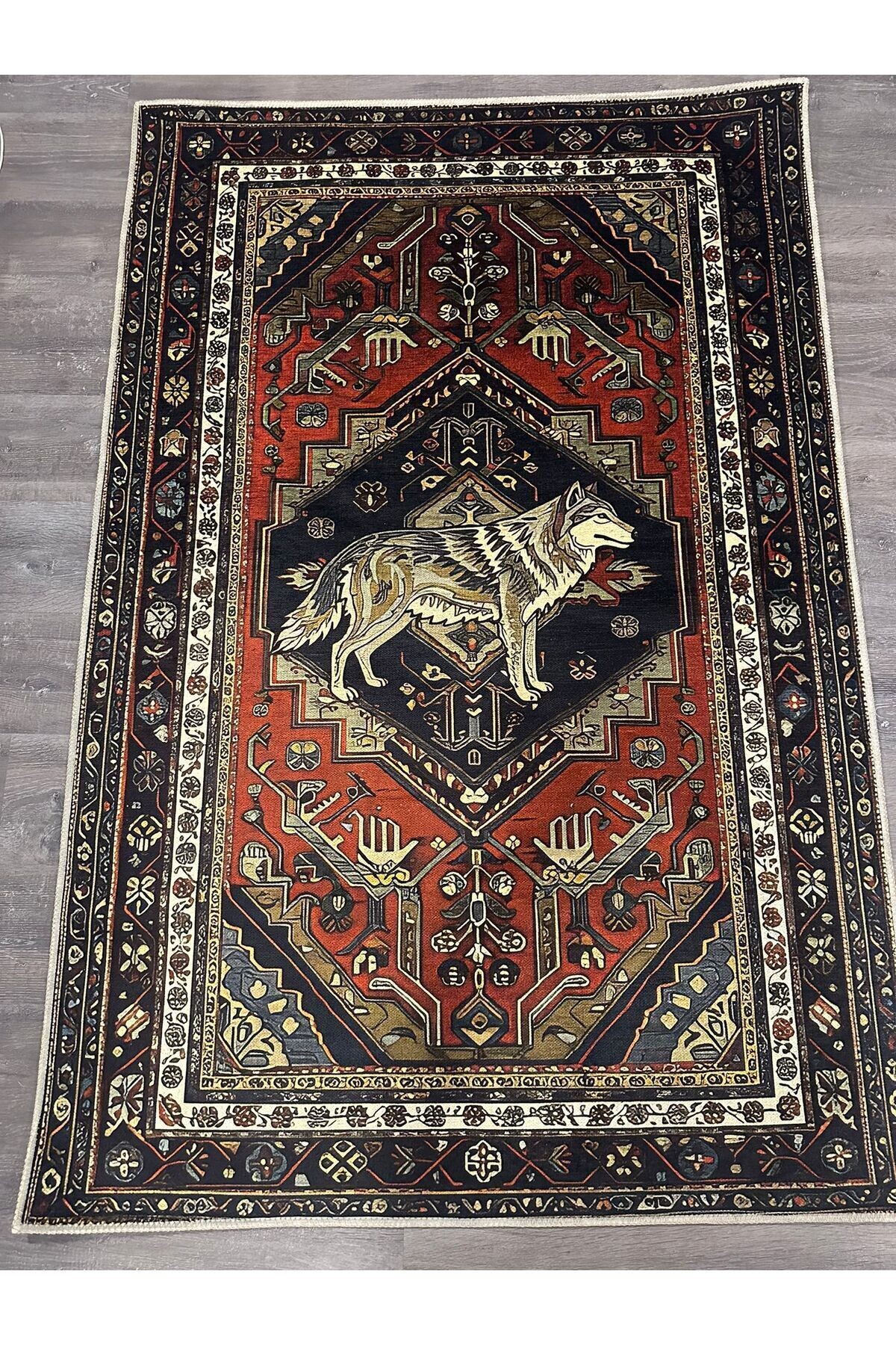Güneş Koleksiyonu Kırmızı Antik Desenli Kurt Detaylı  Dokuma Taban Modern Dekoratif Halı güneş37