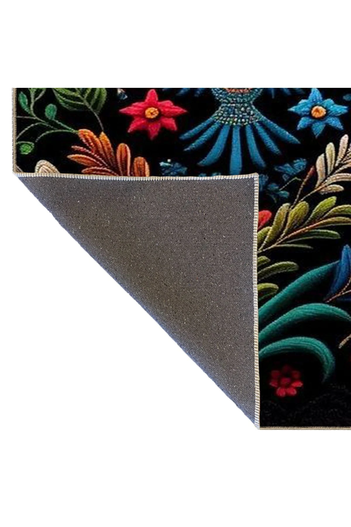 Siyah Temalı Çok Renkli Çiçek ve Kuş Desenli Modern Dekoratif Halı 3565