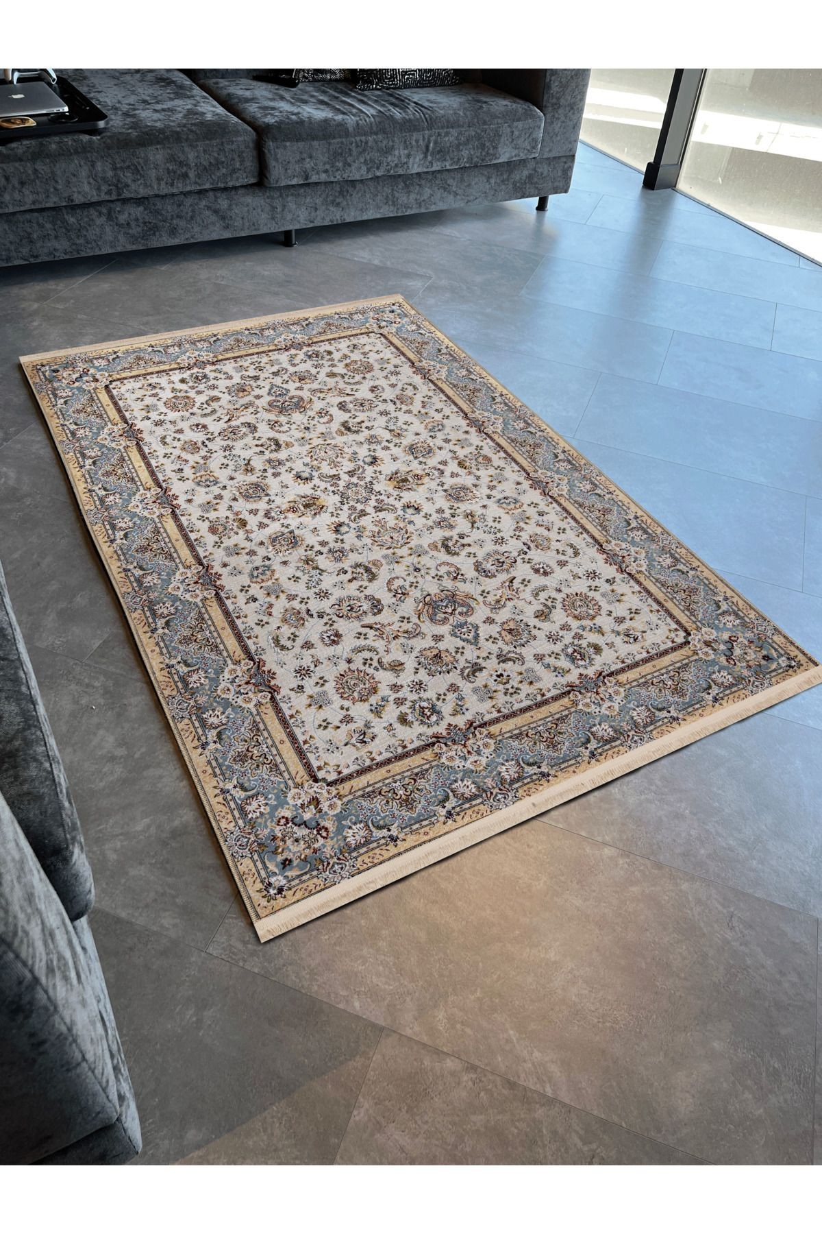 Gri Bej Temalı Geleneksel Motif Etnik Çiçek Desenli Kreatif Vintage Dekoratif Halı 2475