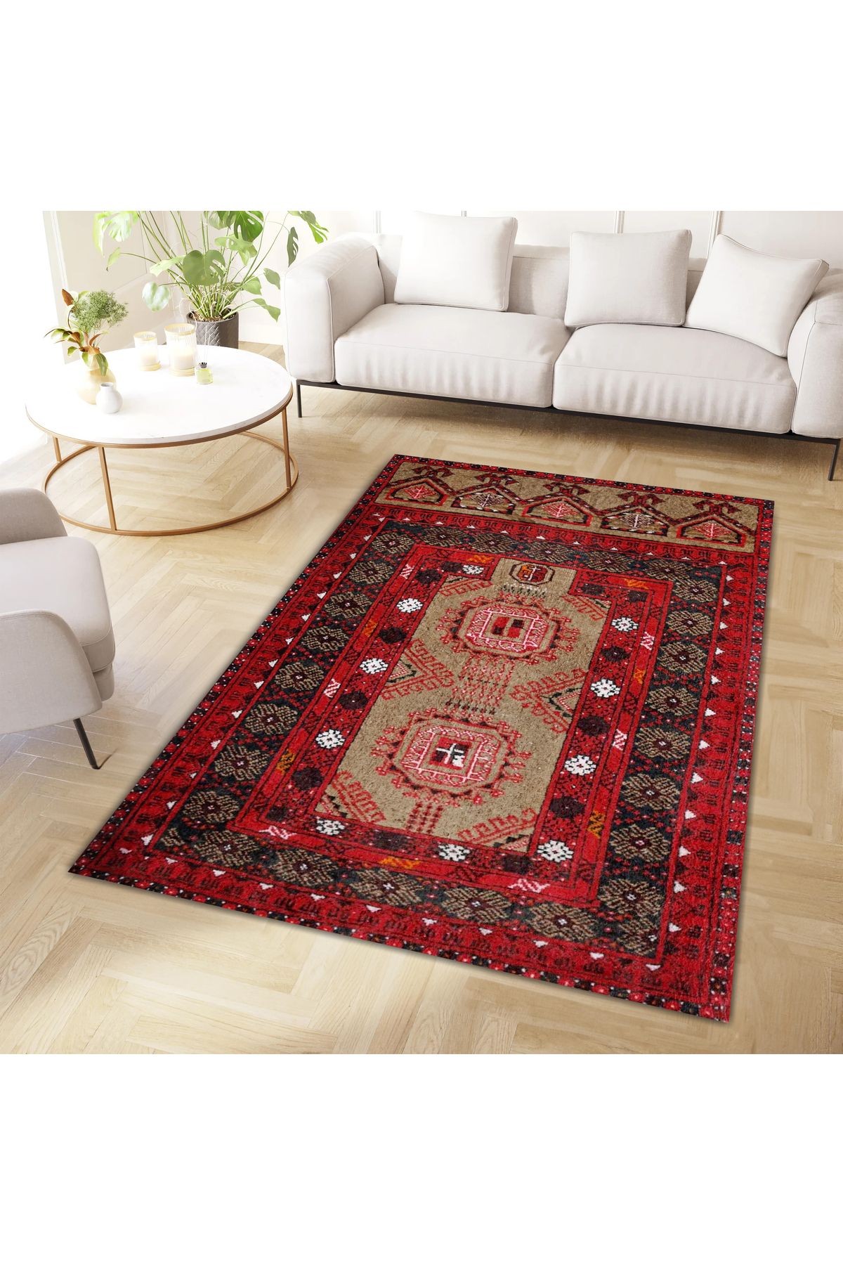 Mete Koleksiyonu Kahve ve Kırmızı Temalı Geleneksel Motifli Etnik Desenli Vintage Dekoratif Halı 26