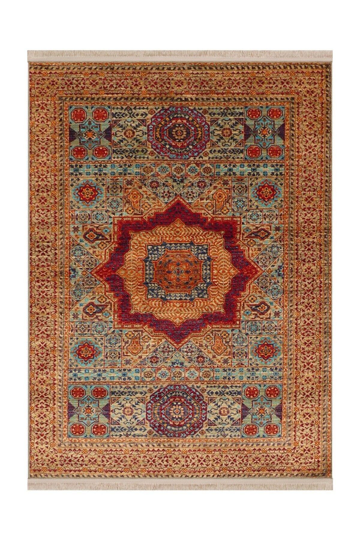 Memlük Koleksiyonu Turuncu Bej Tema Etnik Motif Vintage Desenli Dokuma Taban Dekoratif Halı memlük12