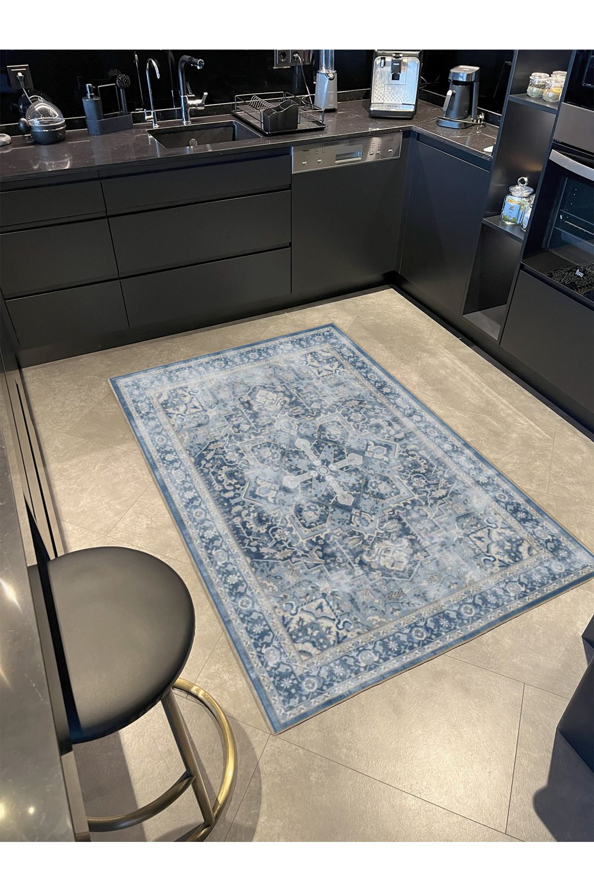 Antrasit Geometrik  Desenli Yıkanabilir Dekoratif Halı miravip8073