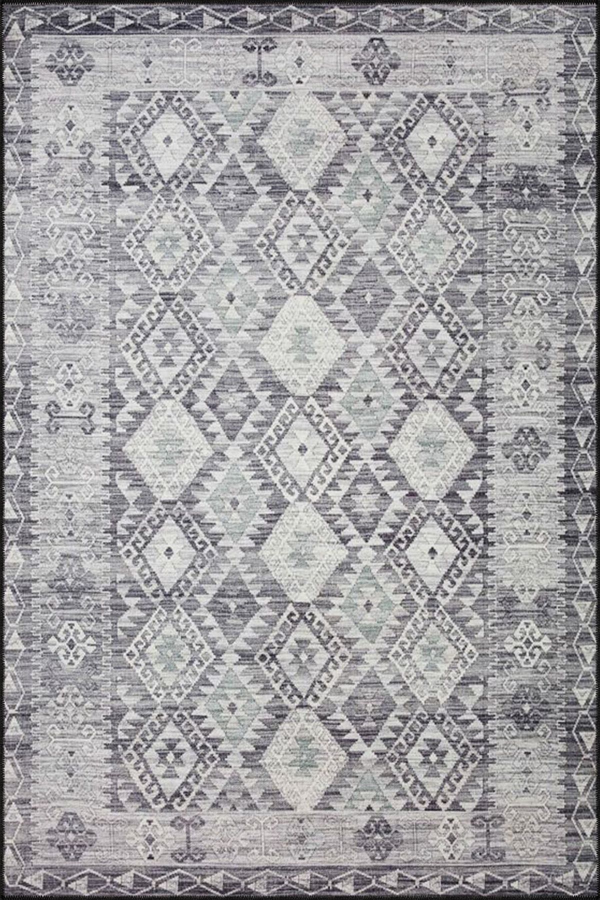 Gri Tonlarda Geleneksel Baklavalı ve Çapraz Çizgili Desenli Dokuma Taban Halı miravip326