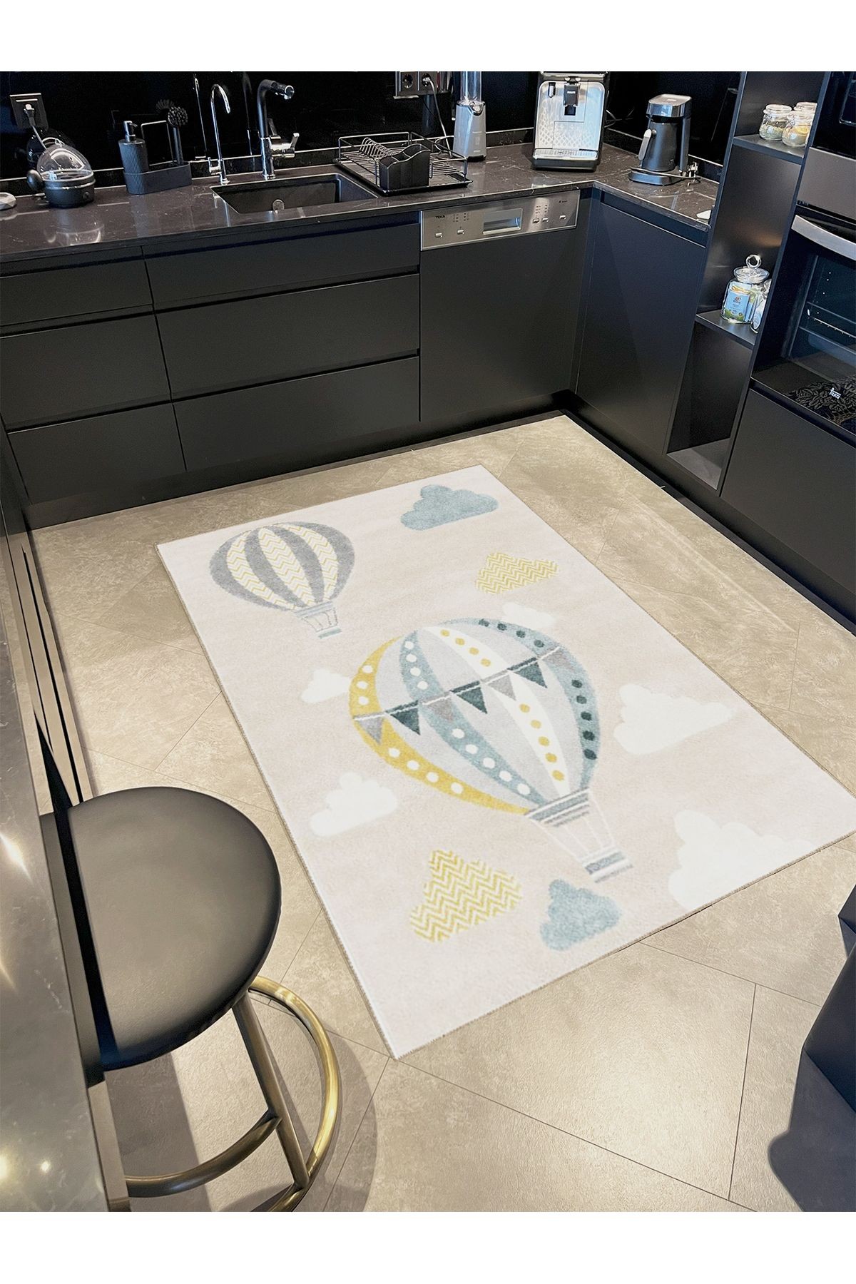 Seda Koleksiyonu Pastel Mavi Tonlarda Uçan BalonDesenli Dokuma Taban Modern Dekoratif Halı seda45