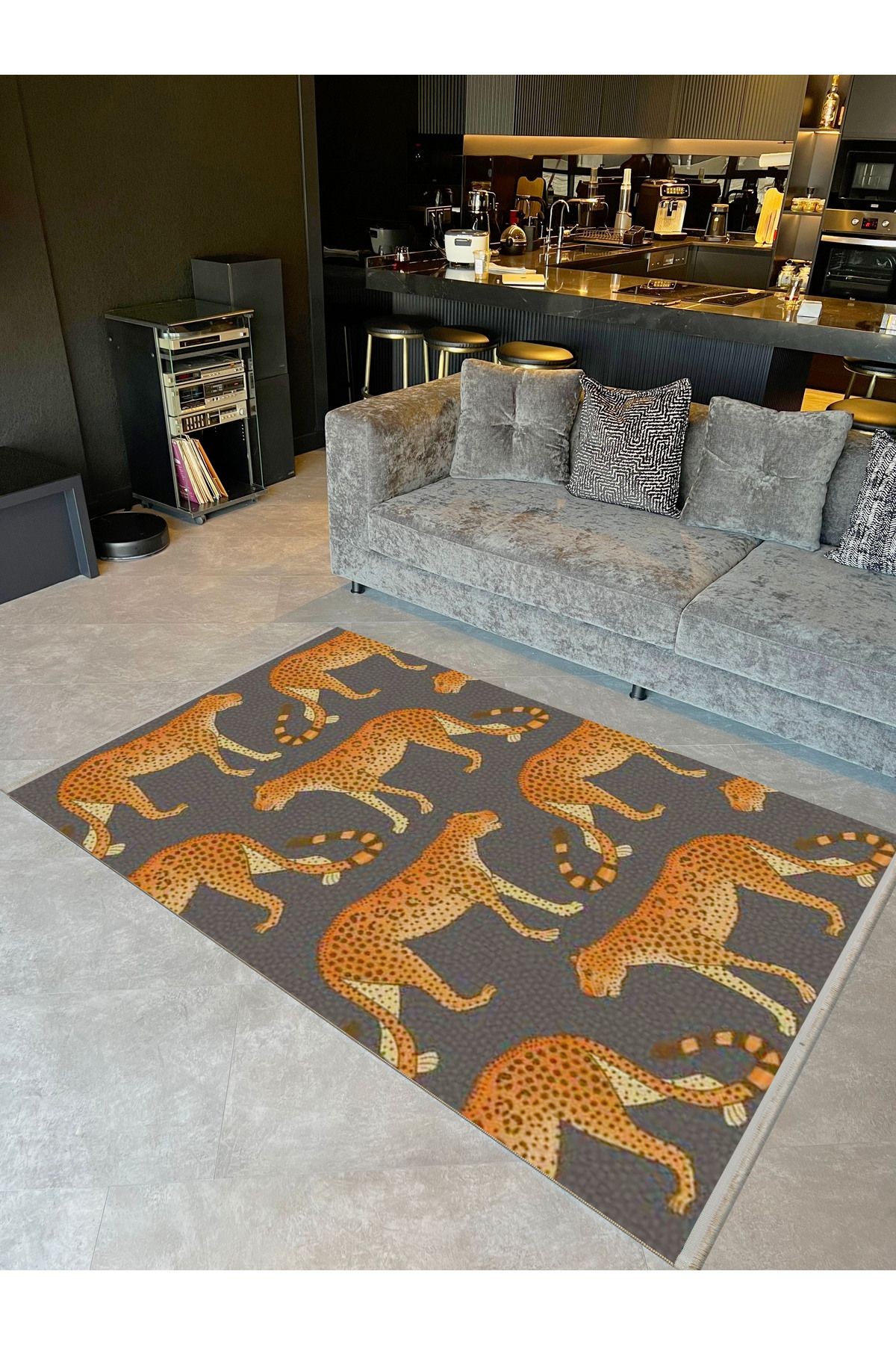 Güney Koleksiyonu Gri Temalı Leopar Figürleri Desenli Modern Dekoratif Halı 02