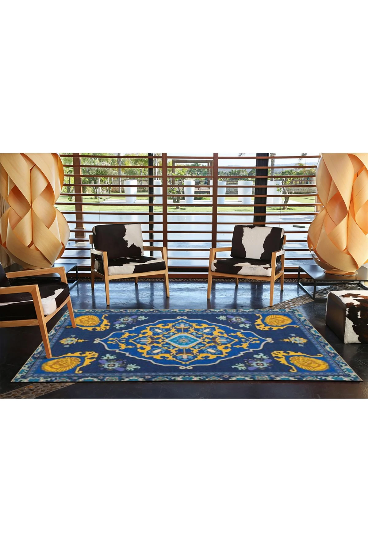 Lacivert Sarı Temalı Geleneksel Motif Desenli Vintage Dekoratif Halı 4697