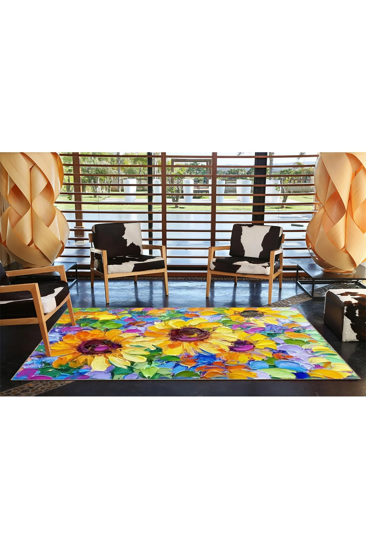 Floral Sarı Beyaz Açan Çiçekli Desenli Dekoratif ve Dokuma Taban Yıkanabilir Halı miravip8855