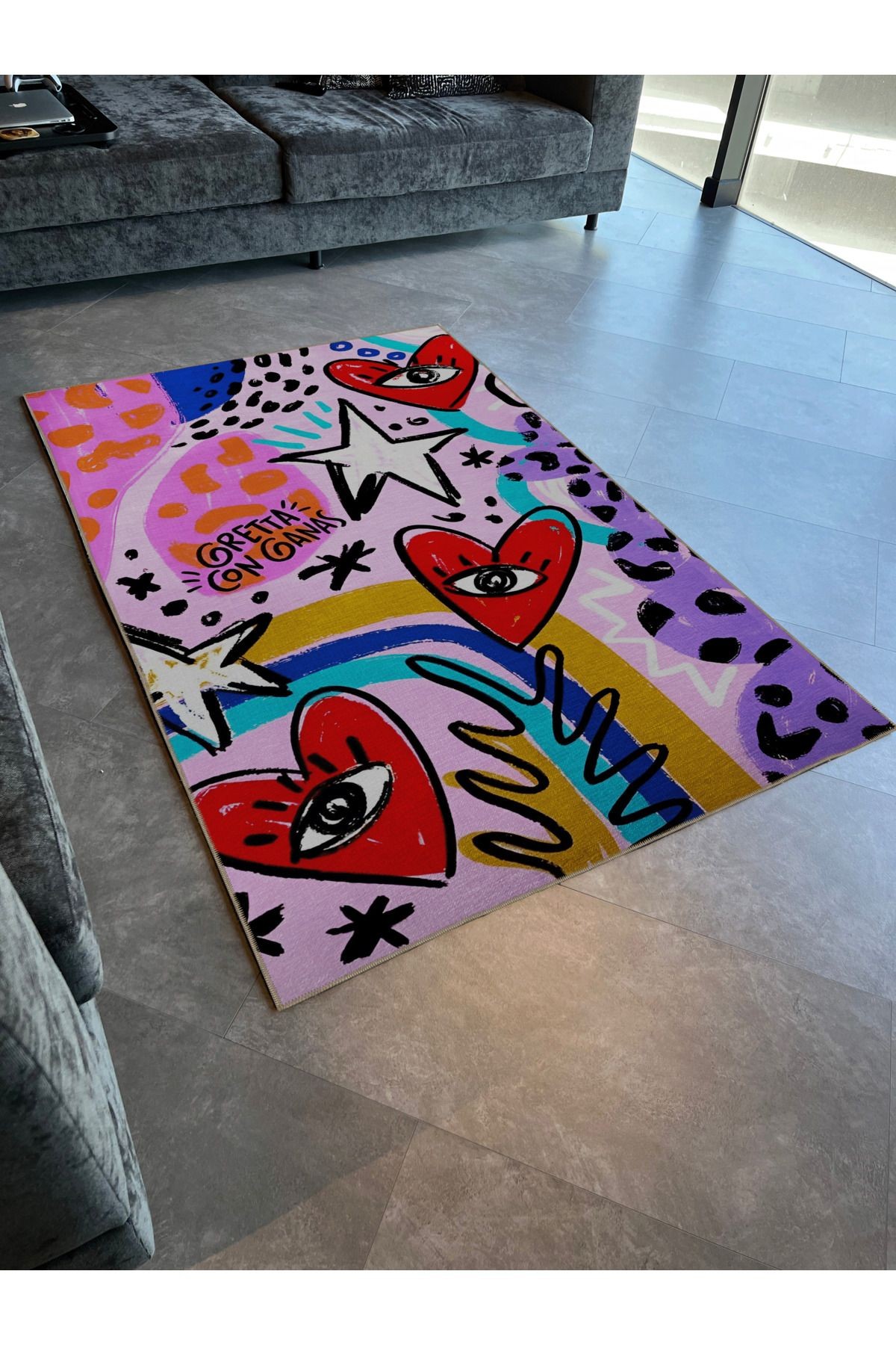 Açık Ton Çok Renkli Kalp Yıldız ve Karma Şekil Desenli Kreatif Modern Dekoratif Halı 2335