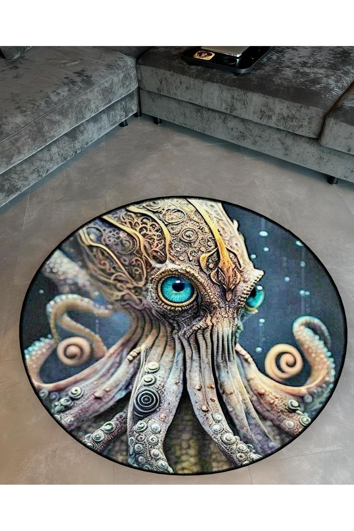 Mira Yuvarlak Mavi Gözlü Ahtapot Desenli Dokuma Taban Modern Dekoratif Halı 5634