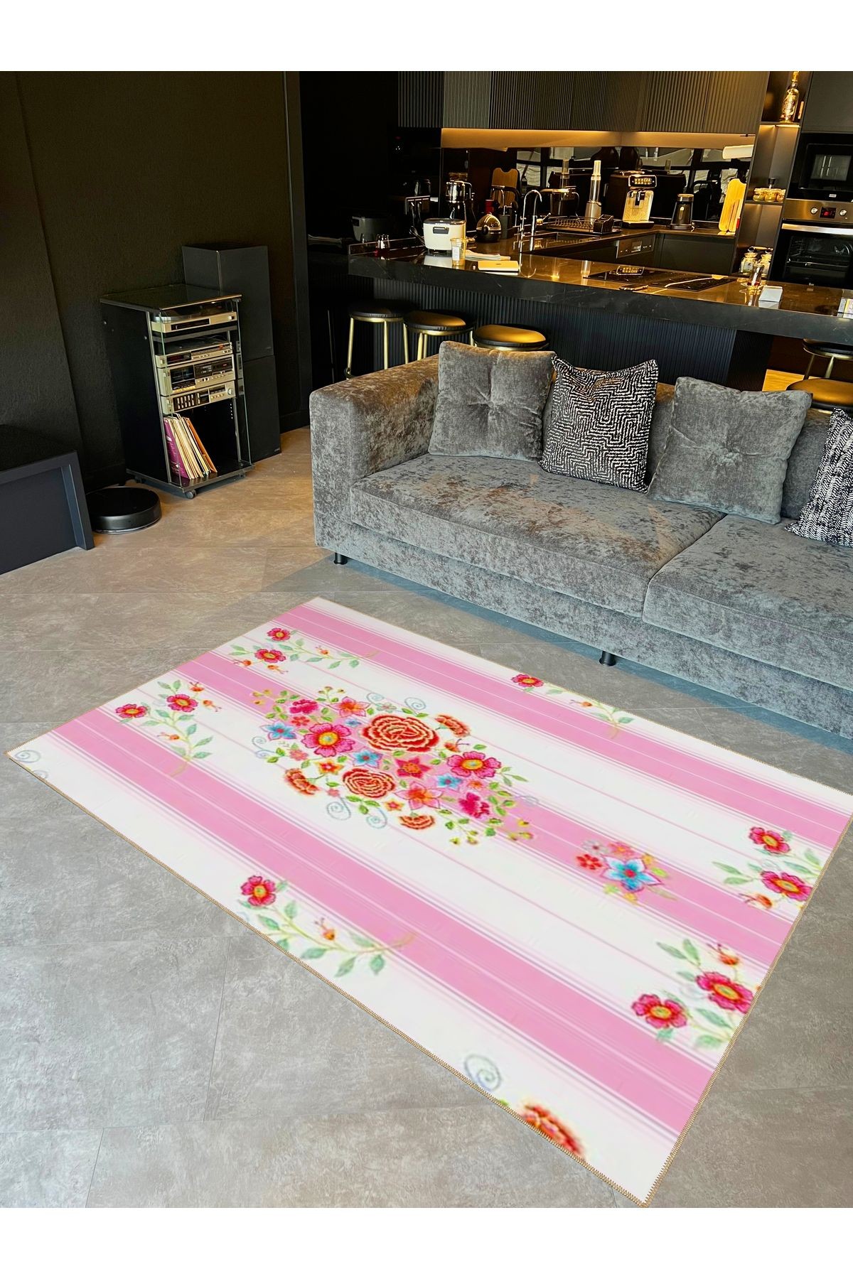 Seda Koleksiyonu Pembe Beyaz Temalı Çok Renkli Çiçekli Dokuma Taban Modern Dekoratif Halı seda09