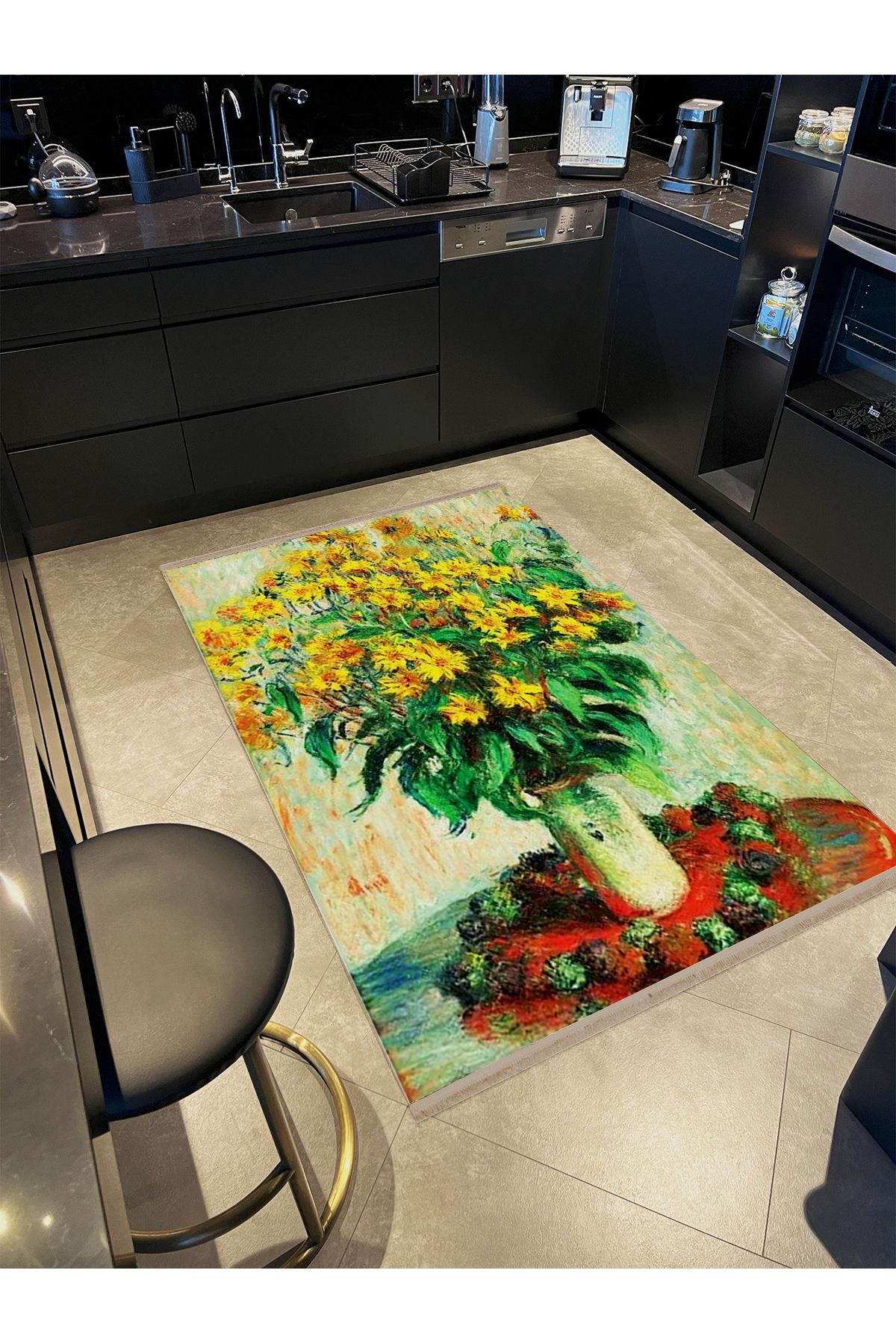 Yılmaz Koleksiyonu Sarı Temalı Öküzgözü Çiçeği ve Yapraklar Desenli Kreatif Modern Dekoratif Halı 02