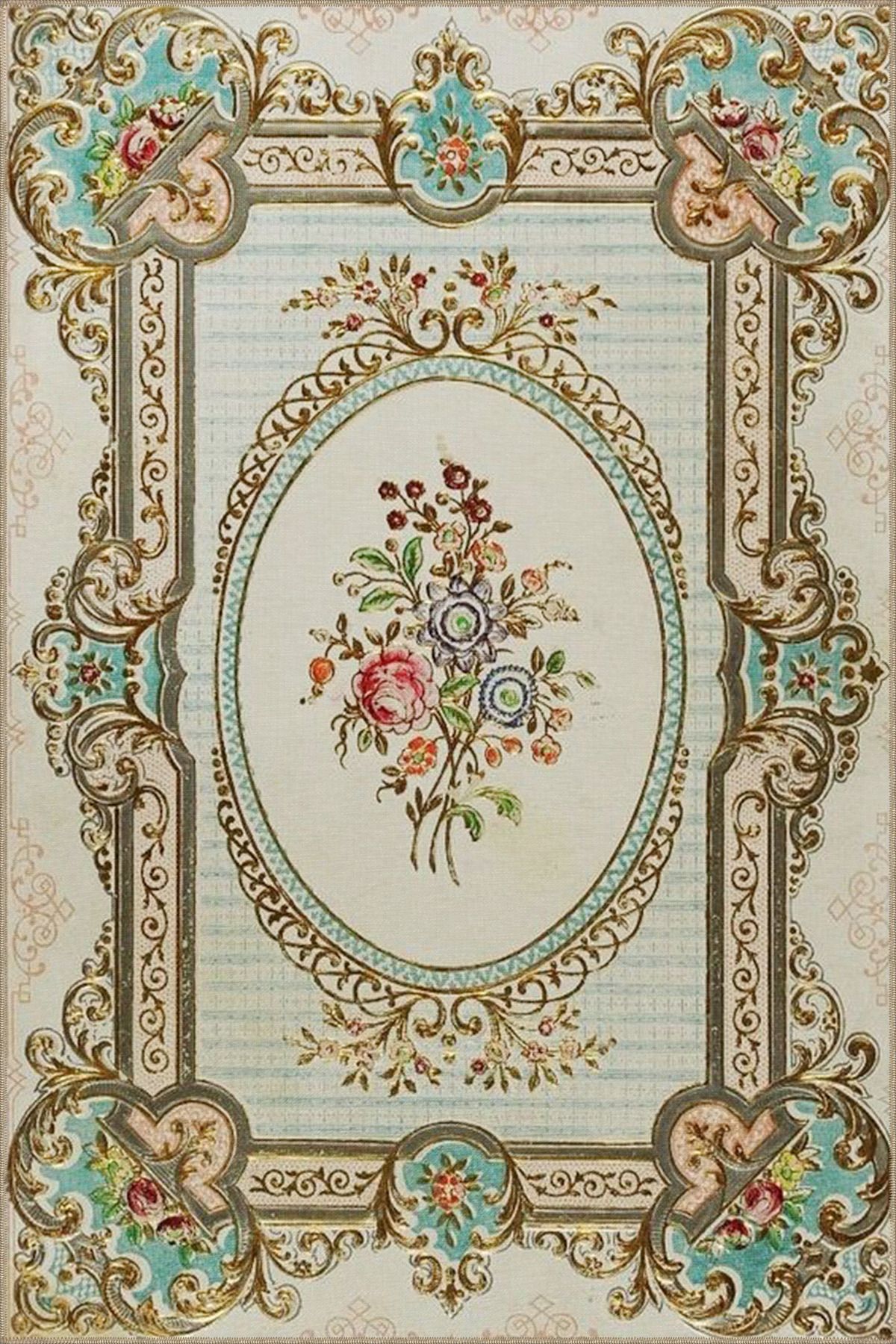 Demet Çiçekli Desenli Geometrik Dekoratif Halı miravip199