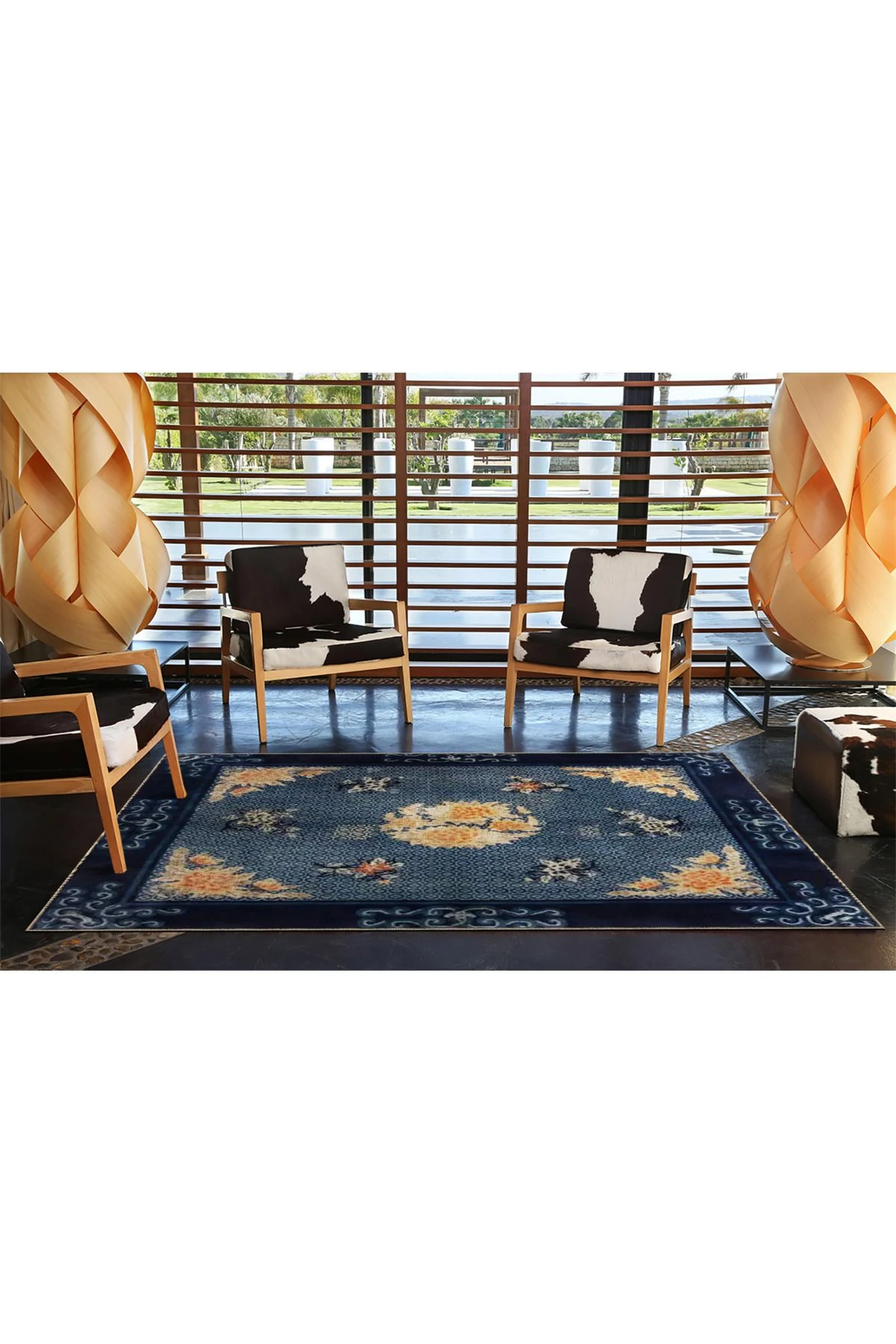 Lacivert Temalı Motifli Etnik Çiçek Desenli Vintage Dekoratif Halı 3489