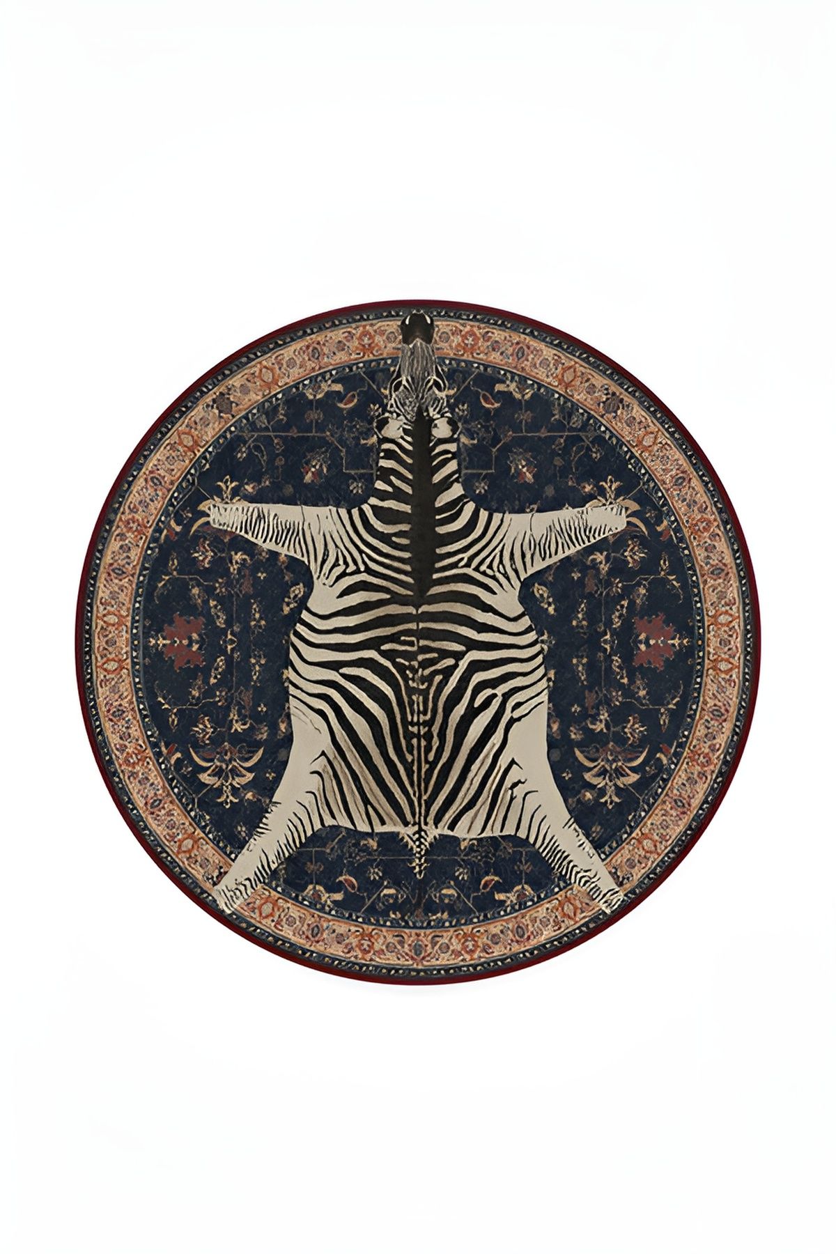 Yuvarlak Lacivert Etnik Zebra Desenli Dokuma Taban Dekoratif Halı