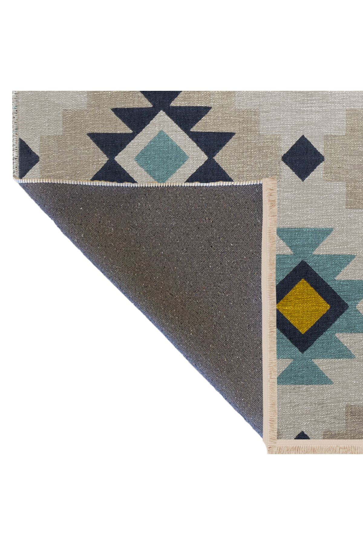 Bej Mavi Temalı Çok Renkli Geometrik Motif Desenli Kreatif Vintage Dekoratif Halı 2757