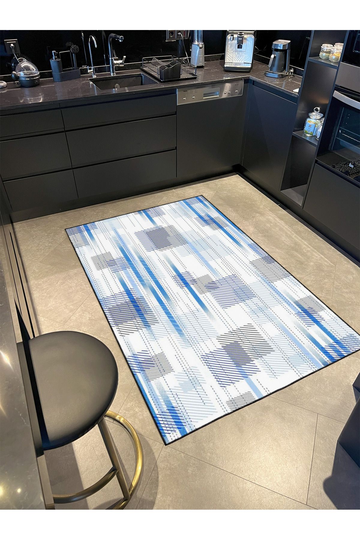 Mavi Beyaz Kareli Geometrik Temalı Dokuma Taban Halı ve Yıkanabilir Halı miravip9825