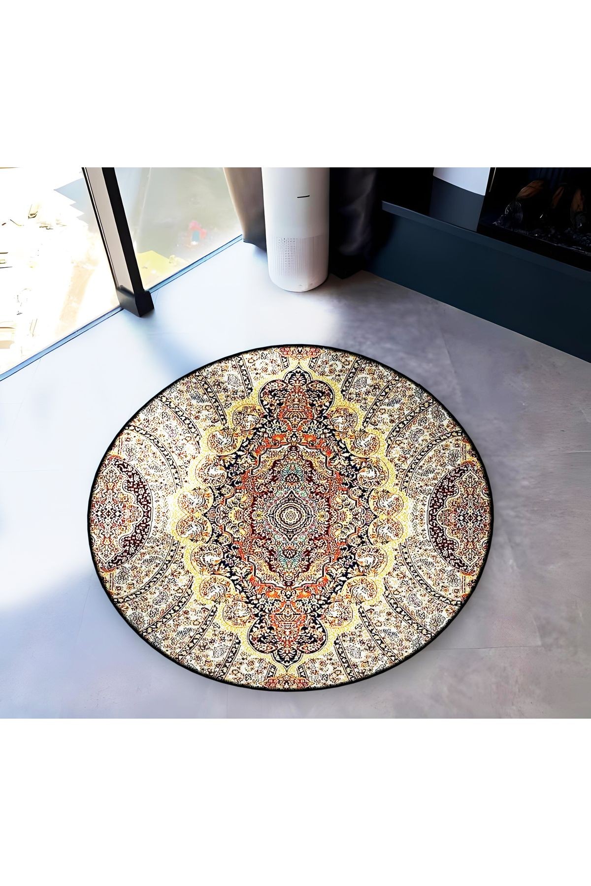 Bej Tonlar Geleneksel Motifli Desenli Yuvarlak Dokuma Taban Vintage Dekoratif Halı 6204