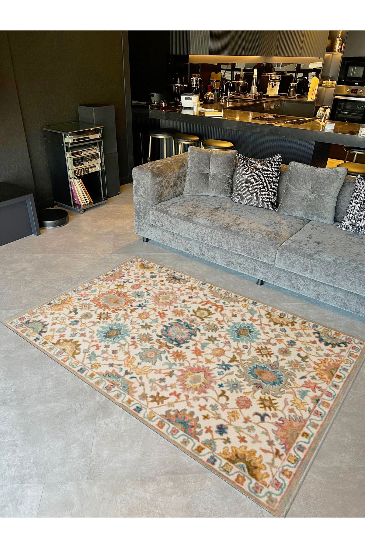 İnci Koleksiyonu Çok Renkli Geleneksel Motif Çiçek Desen Dokuma Taban Vintage Dekoratif Halı inci37