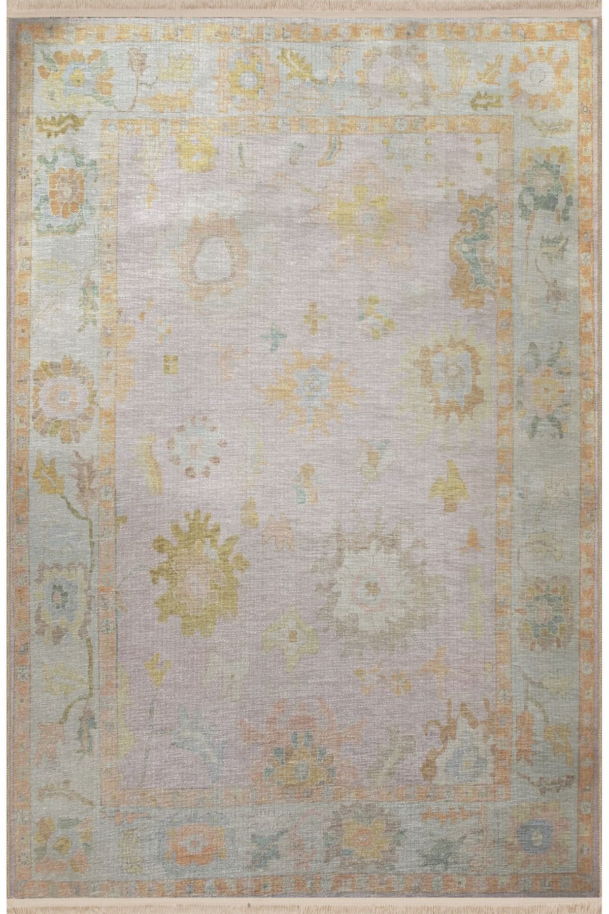 Açık Ton Çok Renkli Motifli Etnik Çiçek Desenli Kreatif Vintage Dekoratif Halı 2758